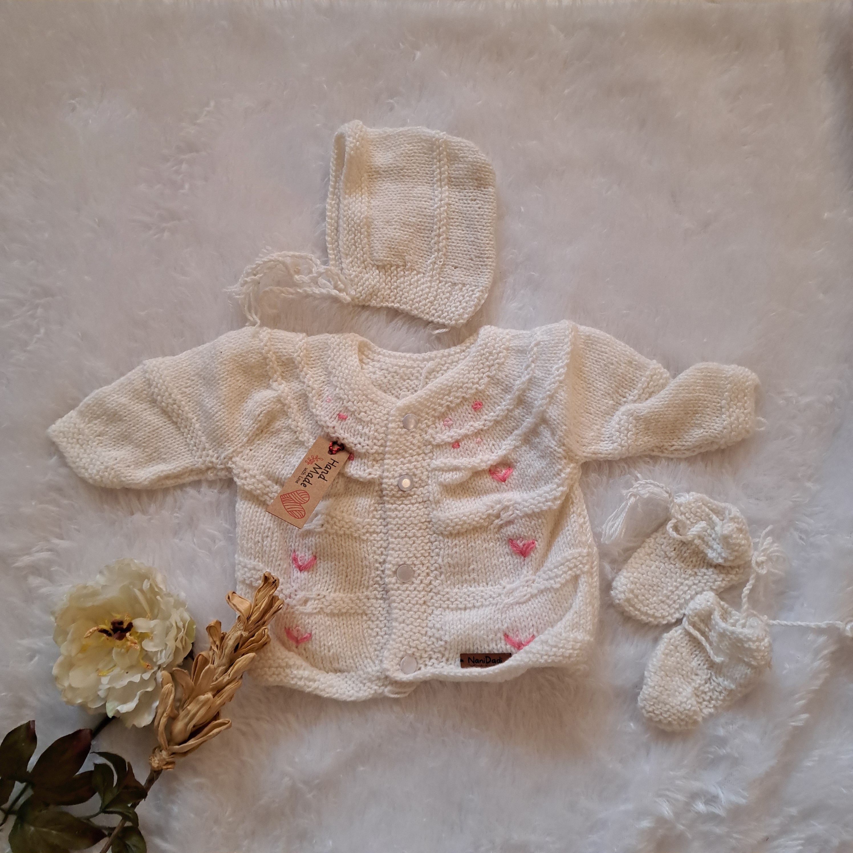Handmade White Woolen Sweater Set with Cap and Booties | 0-6 Months