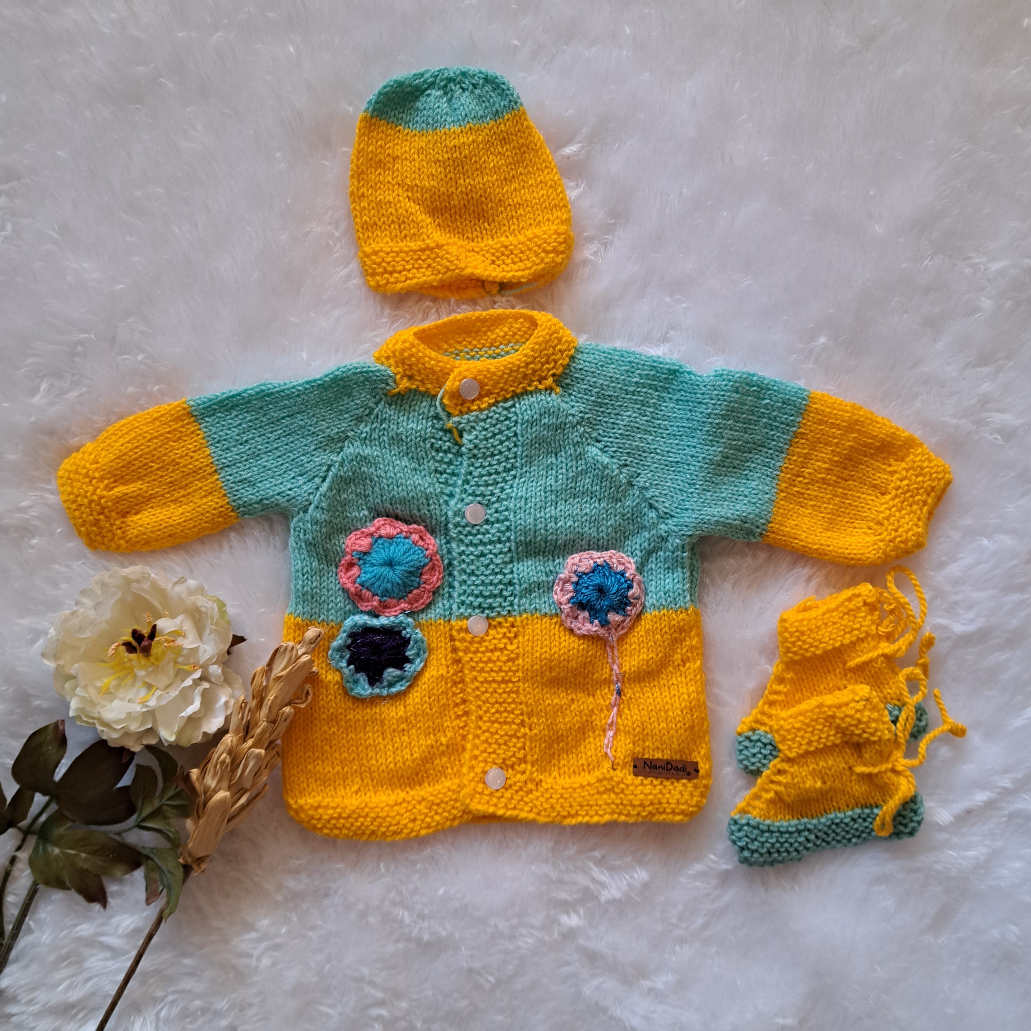 Handmade Multicolor Woolen Sweater Set for Babies (0-6 Months) with Cap and Booties