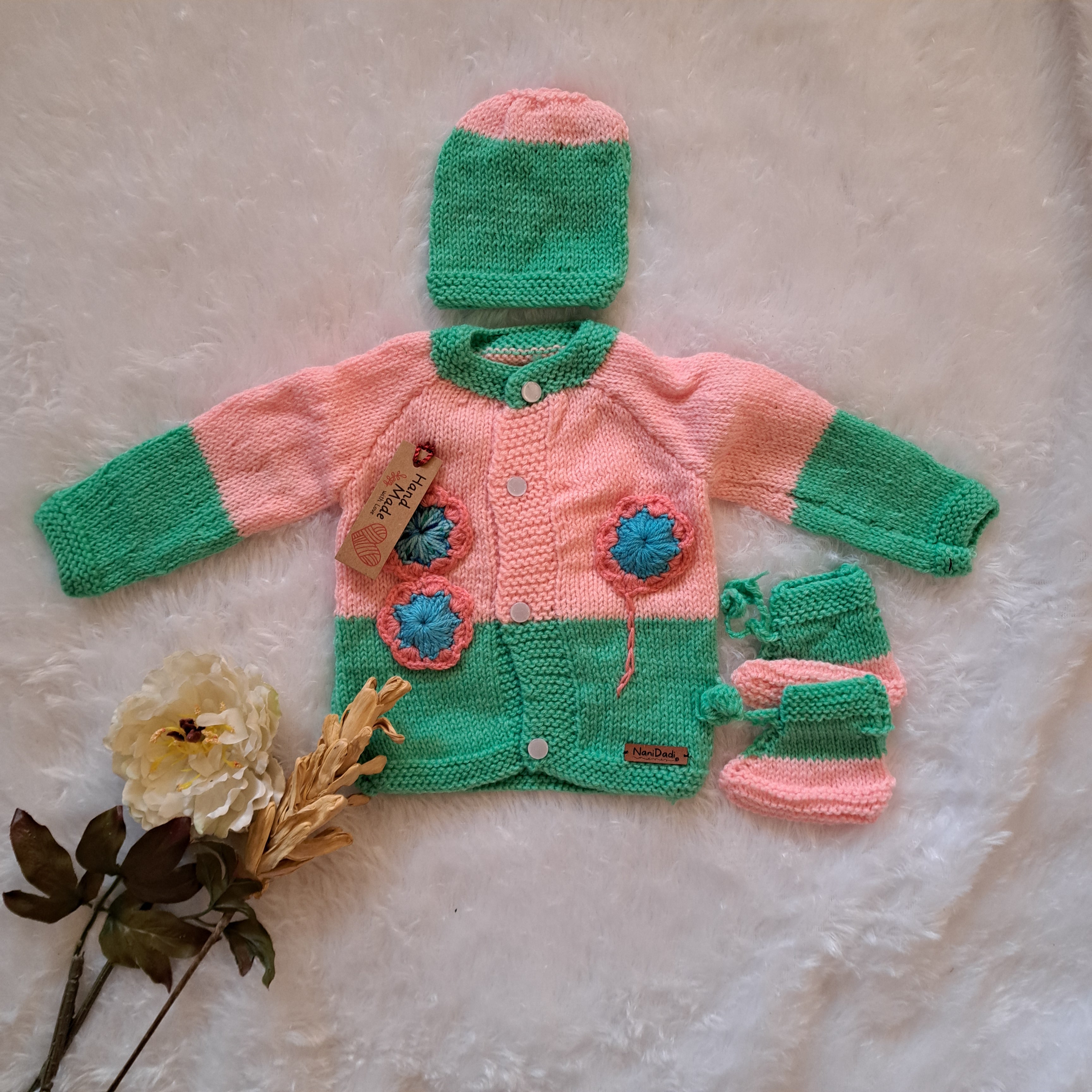 Handmade Multicolor Woolen Sweater Set with Cap and Booties | 0-6 Months