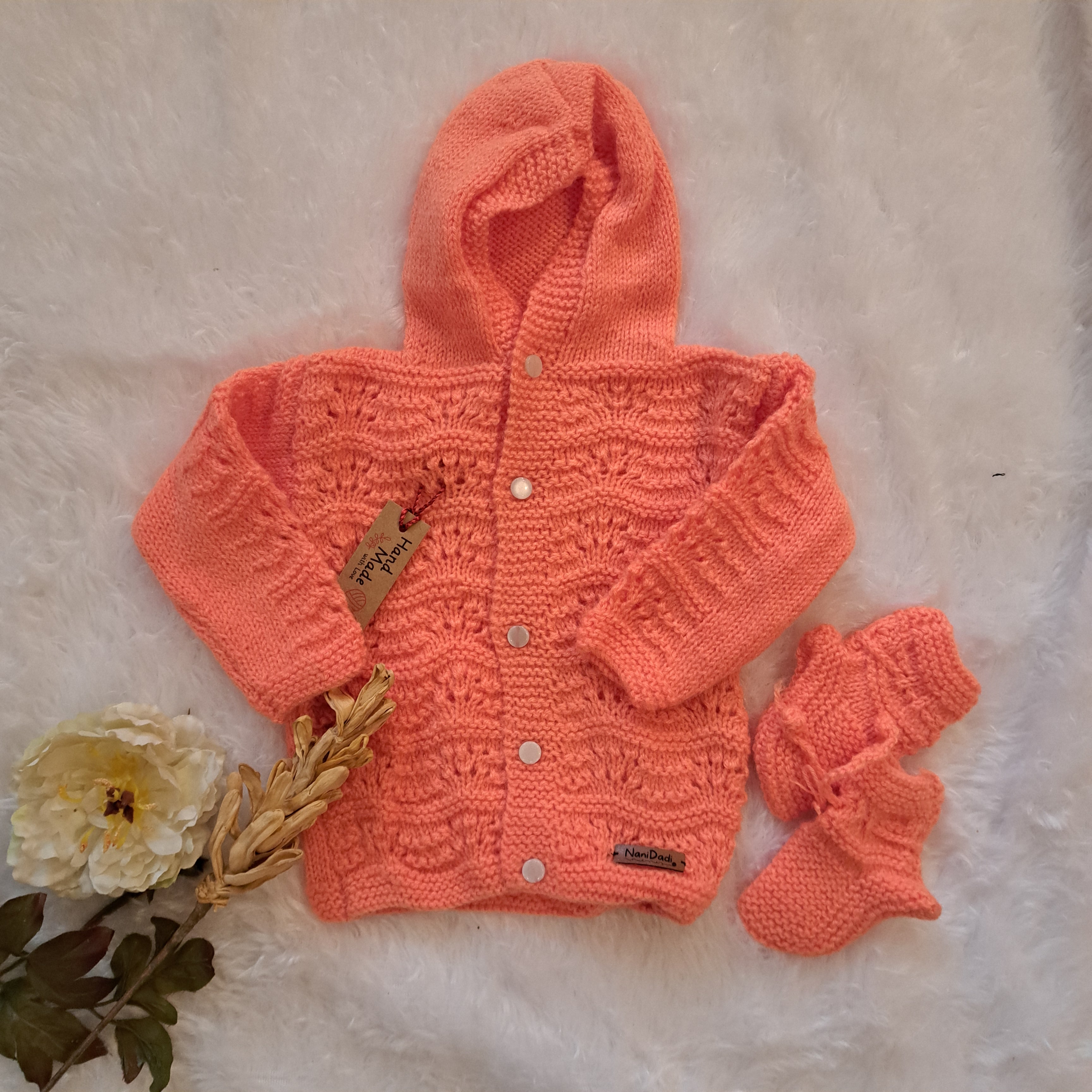 Handmade Orange Sweater Set with Cap and Booties for 0-6 Months Baby