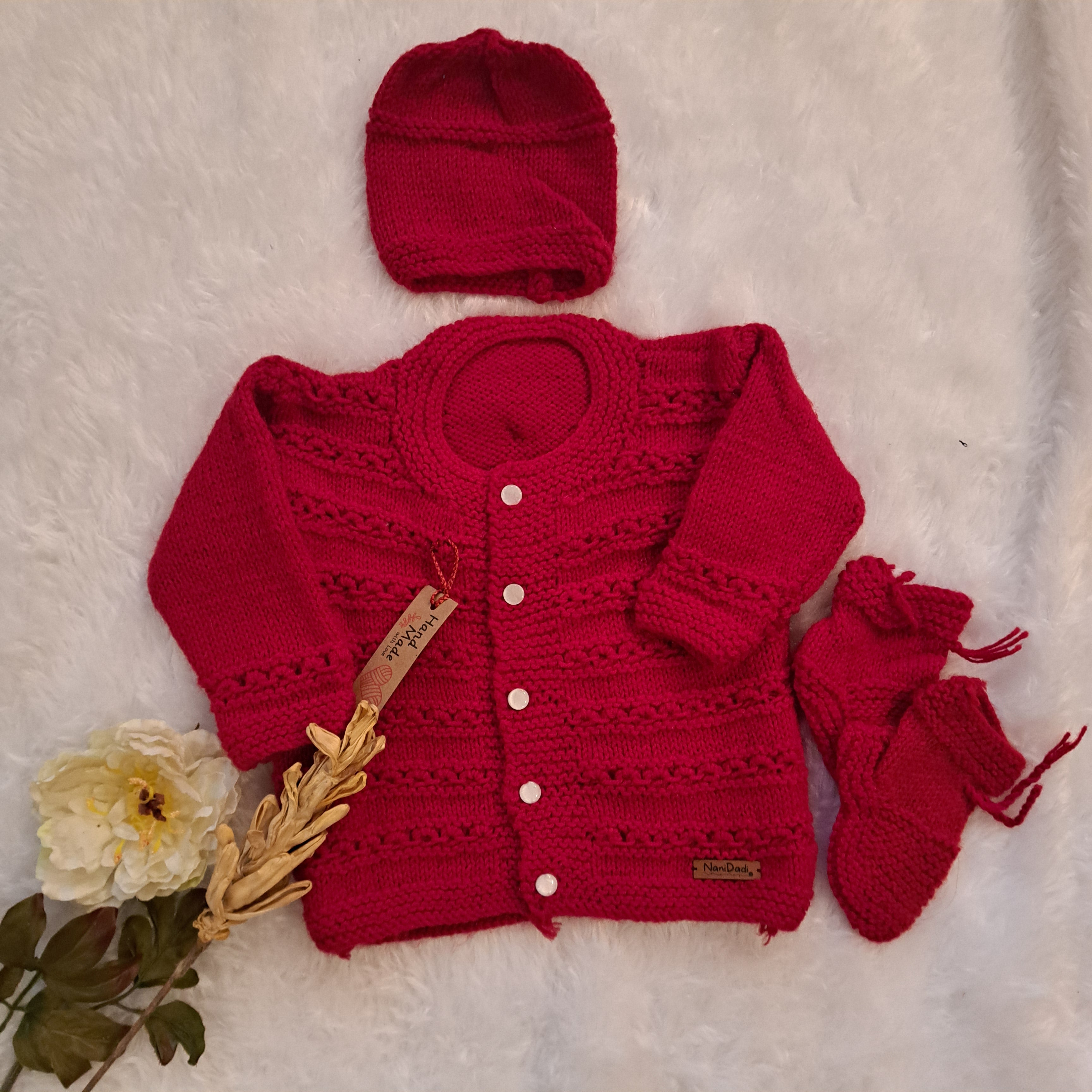 Handmade Red Sweater Set with Cap and Booties