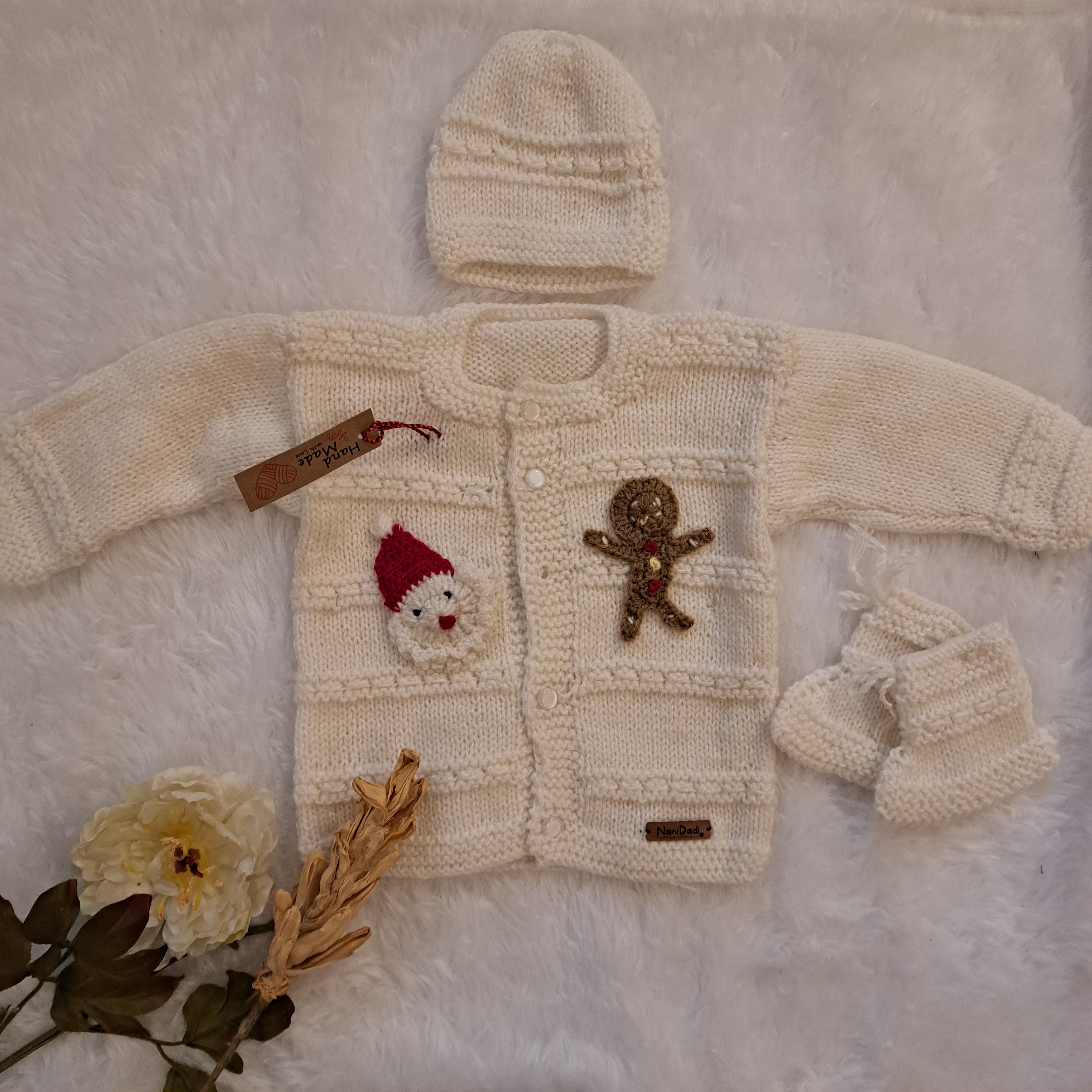 Handmade White Sweater Set with Cap and Booties | 1-2 Years
