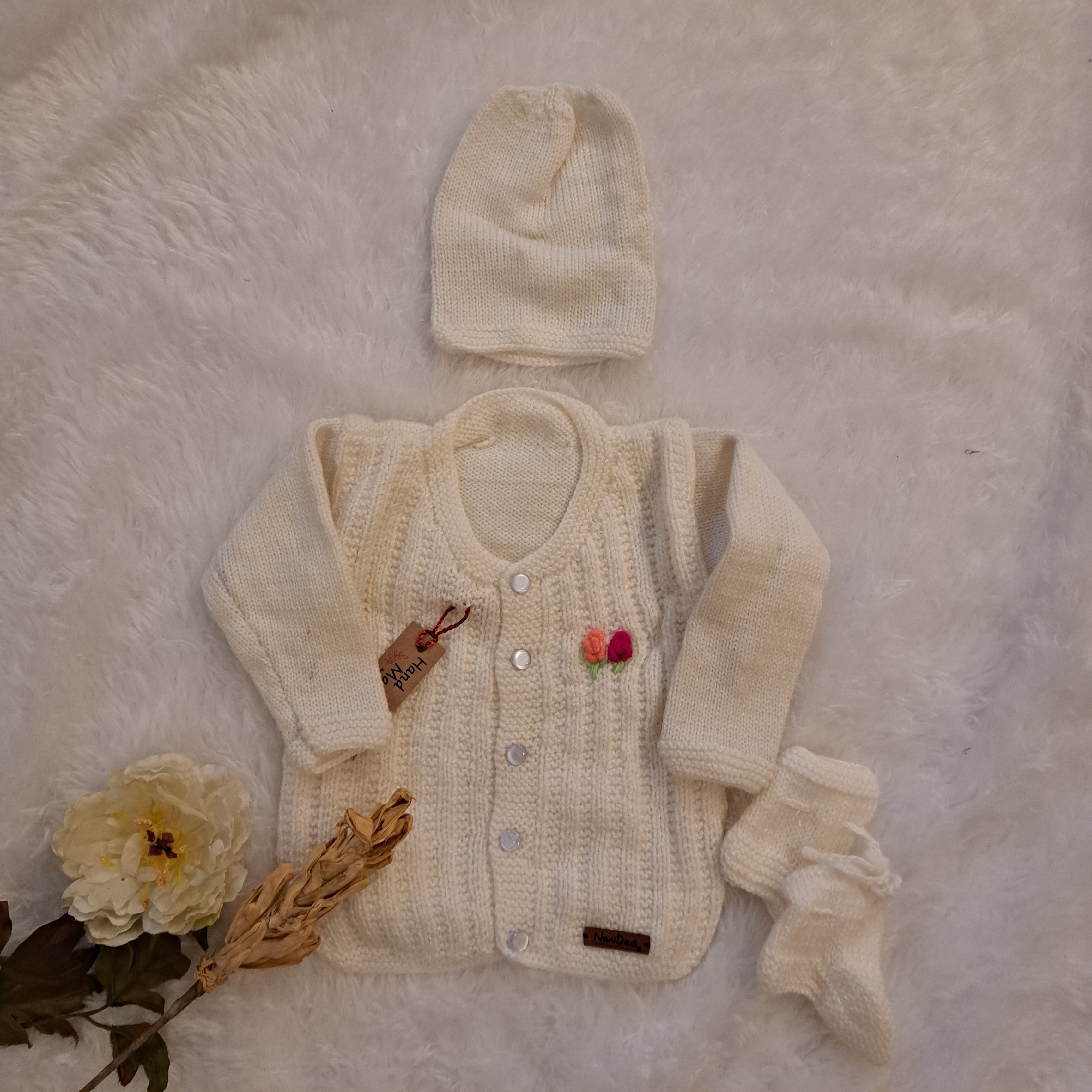 Handmade White Sweater Set with Cap and Booties | 3-6month