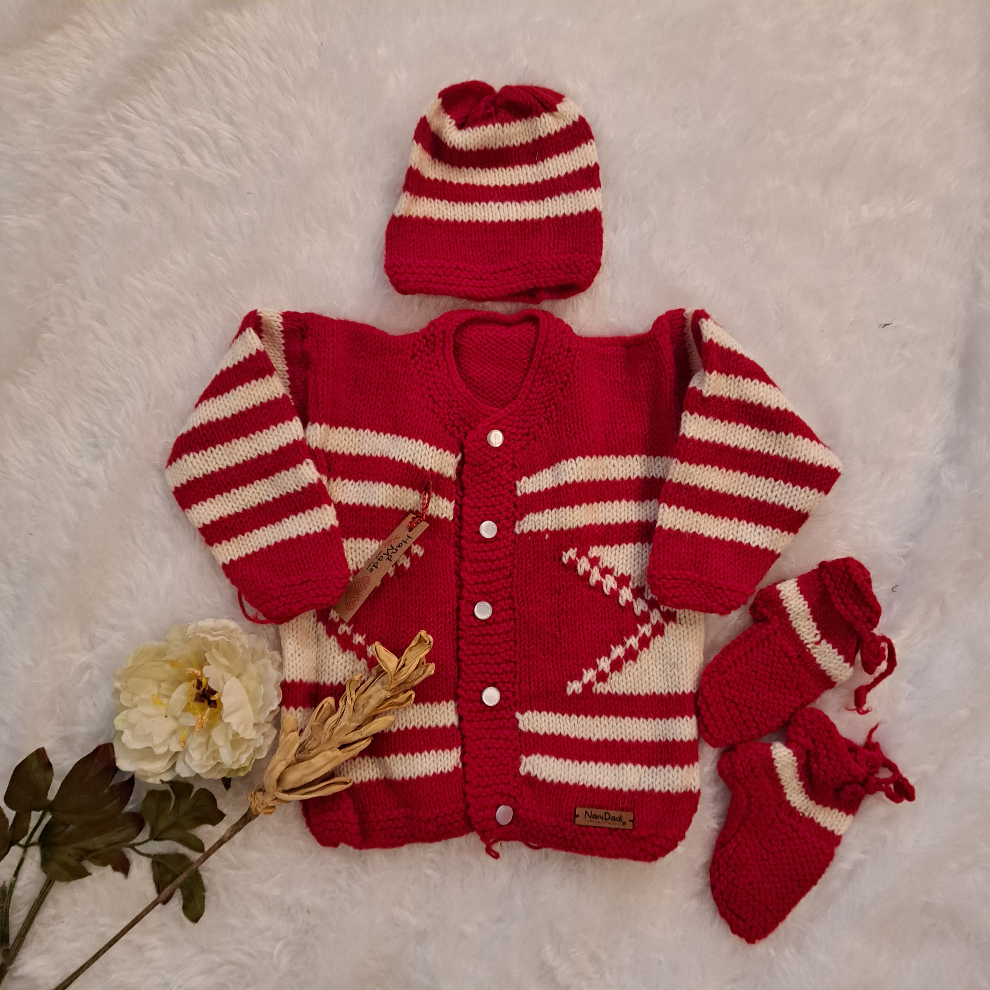 Handmade Red Sweater Set with Cap and Booties