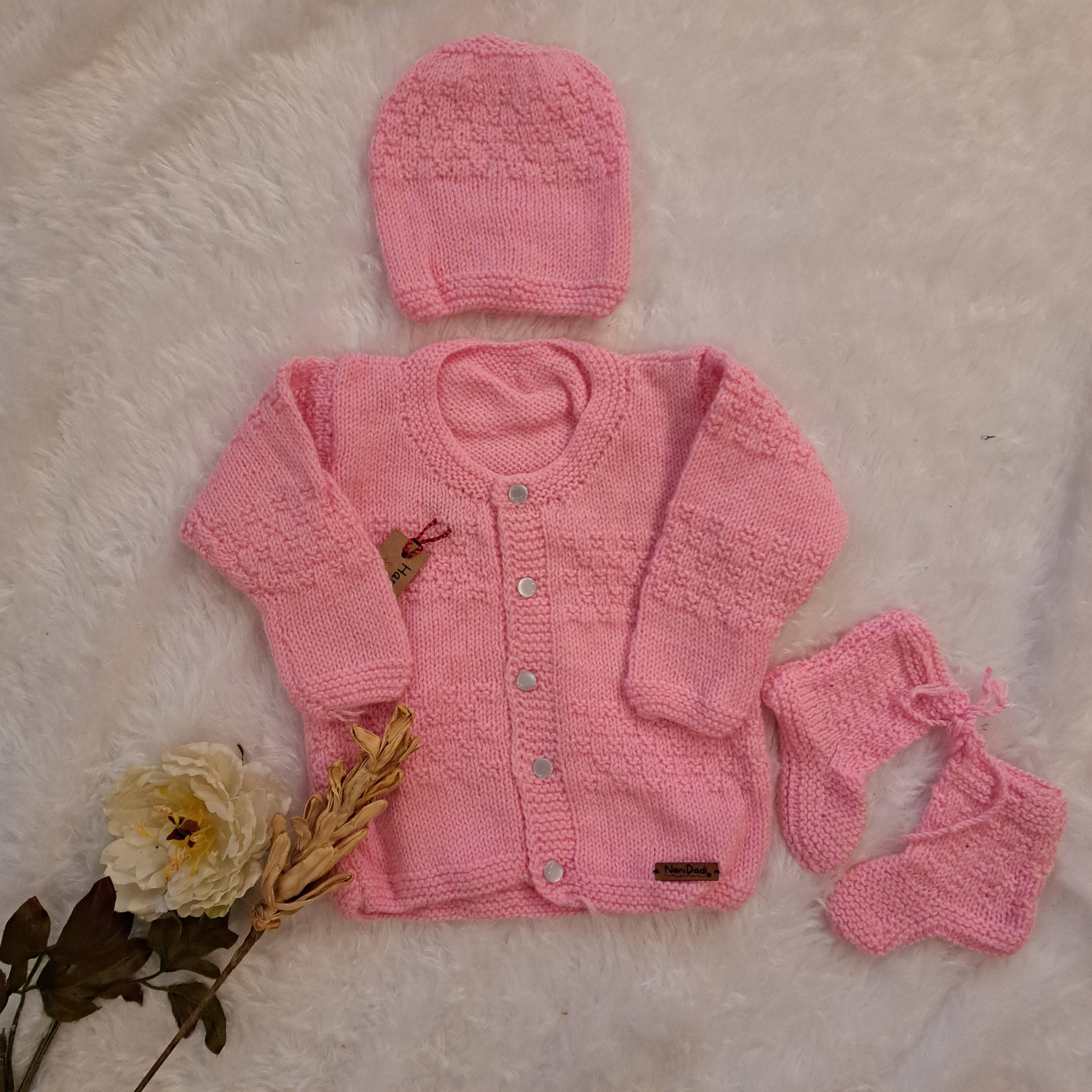 Handmade Baby Pink Sweater Set with Cap and Booties | 1-2 Years
