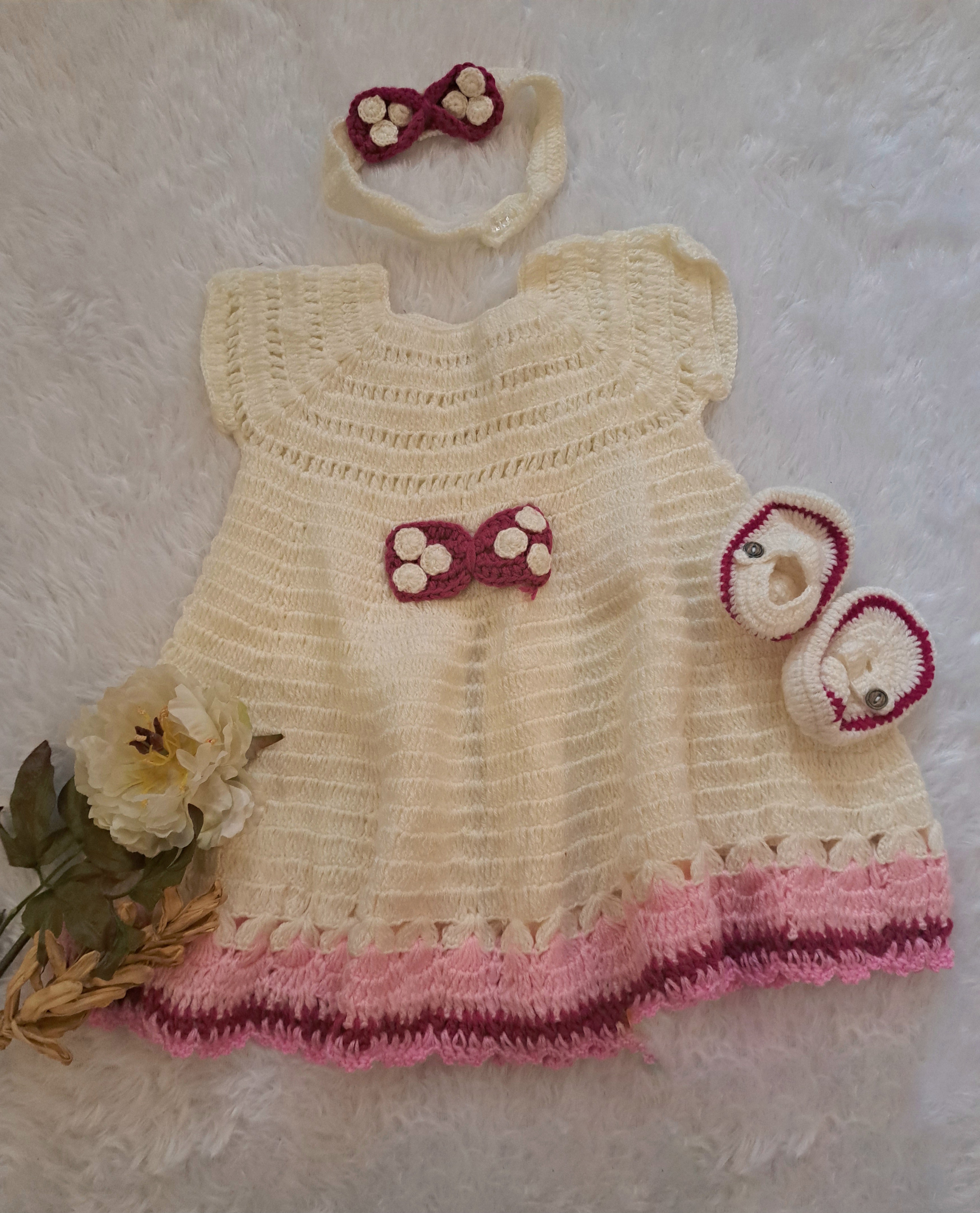 Handmade White Woolen Frock Set with Booties for 1.5-Year-Old Girls