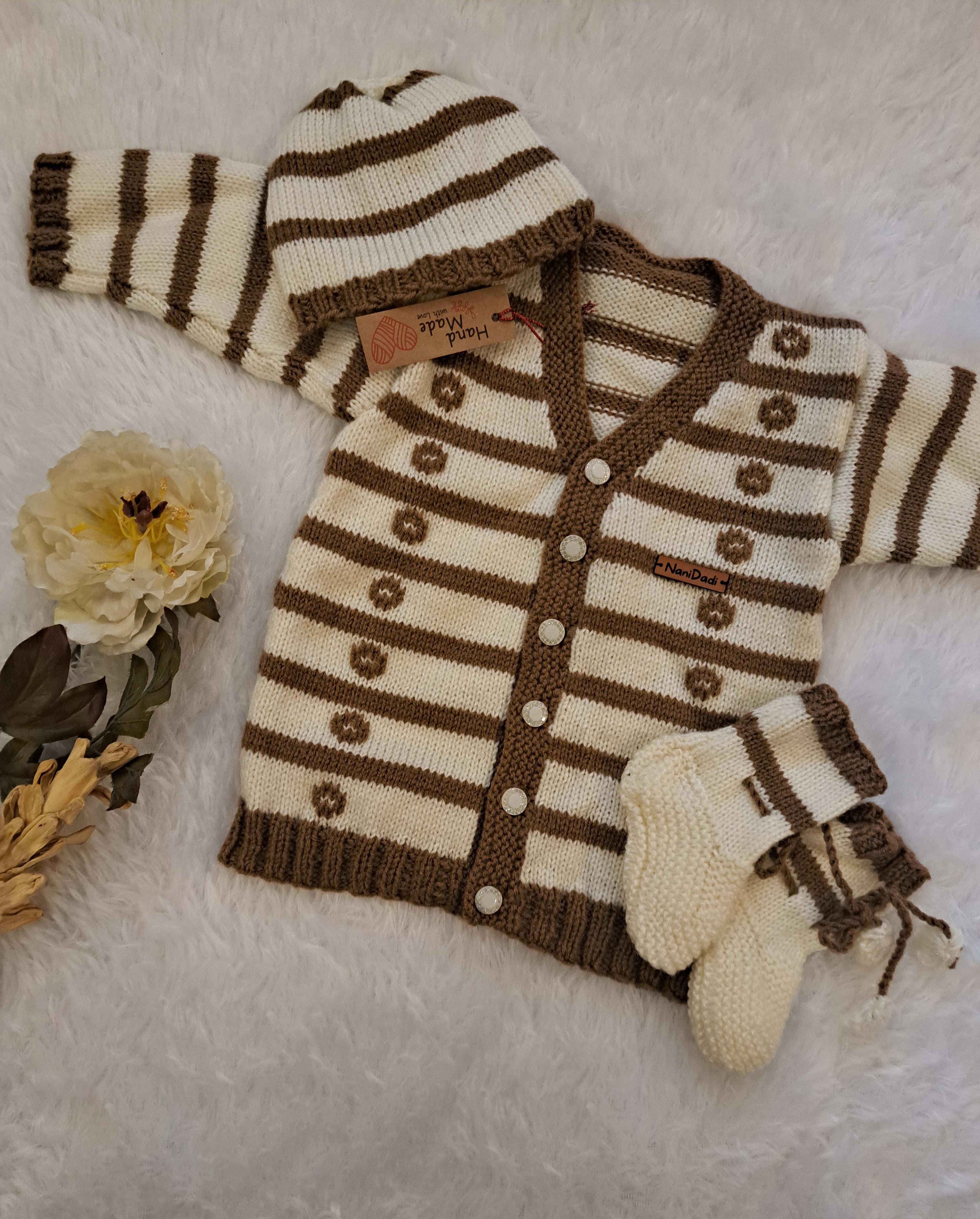 Premium wool White and Brown Sweater for 0-9 Months Baby