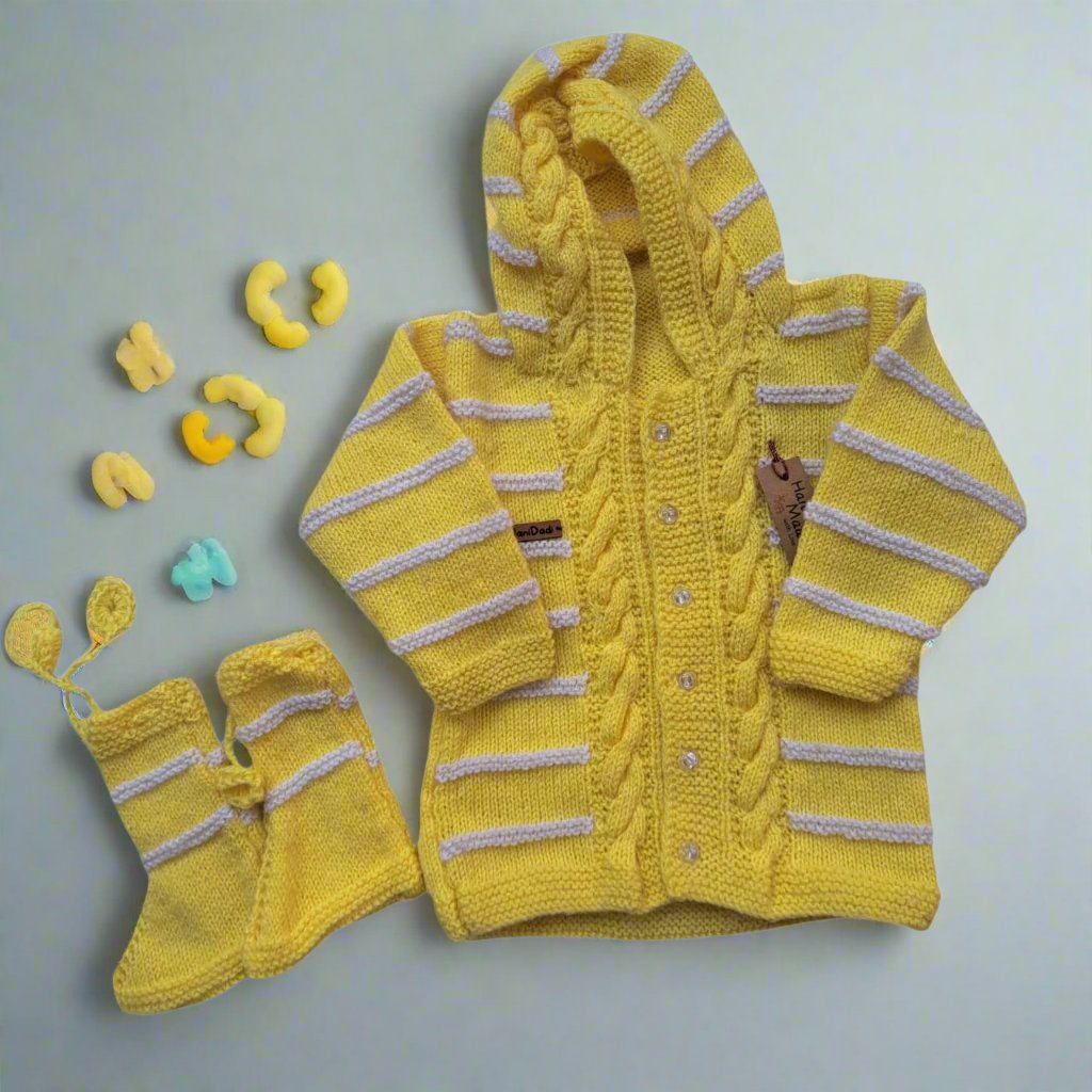 Yellow Handknitted Hoodie with Stripes & Long Boots