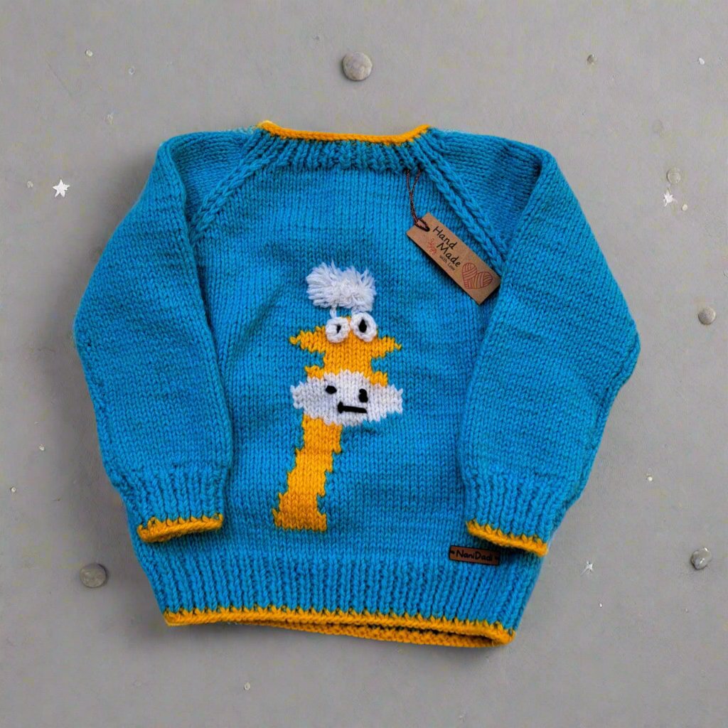 Blue Handknitted Giraffe Sweater – Pullover for 1.5 Years (Unisex)