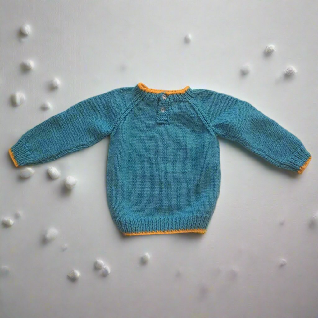 Blue Handknitted Wool Sweater with Yellow Borders