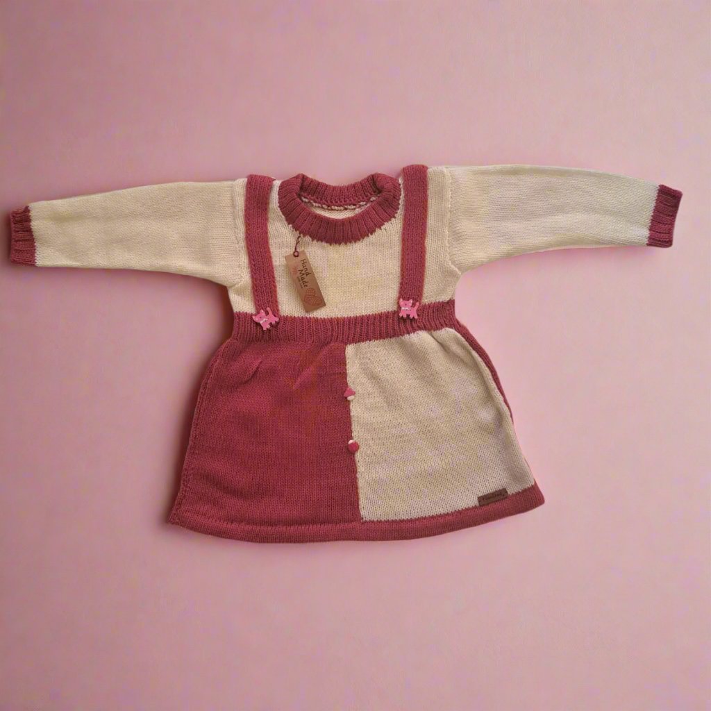 Handmade Woolen Frock Dress for Girls – Pink & Off White