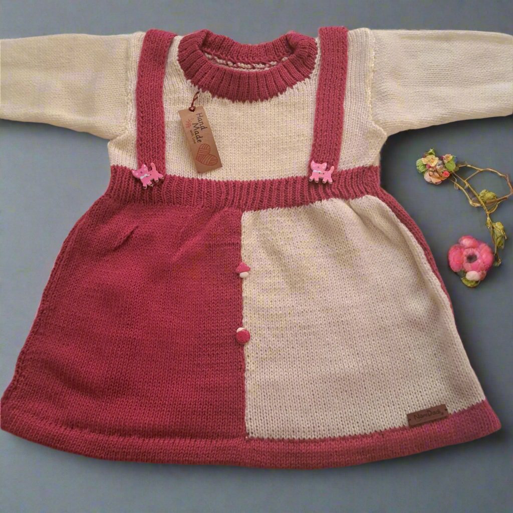 Handmade Woolen Frock Dress for Girls – Pink & Off White