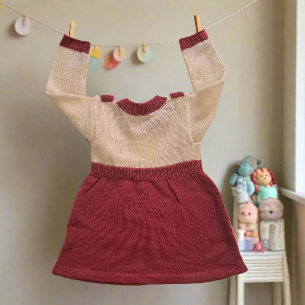 Handmade Woolen Frock Dress for Girls – Pink & Off White