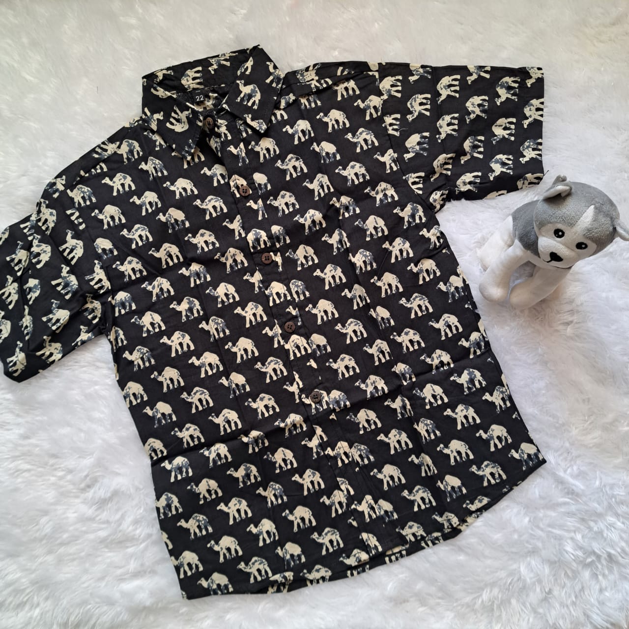 Camel Print Black Cotton Shirt for Kids (5-6 Years) – Soft & Stylish | Handwash Only