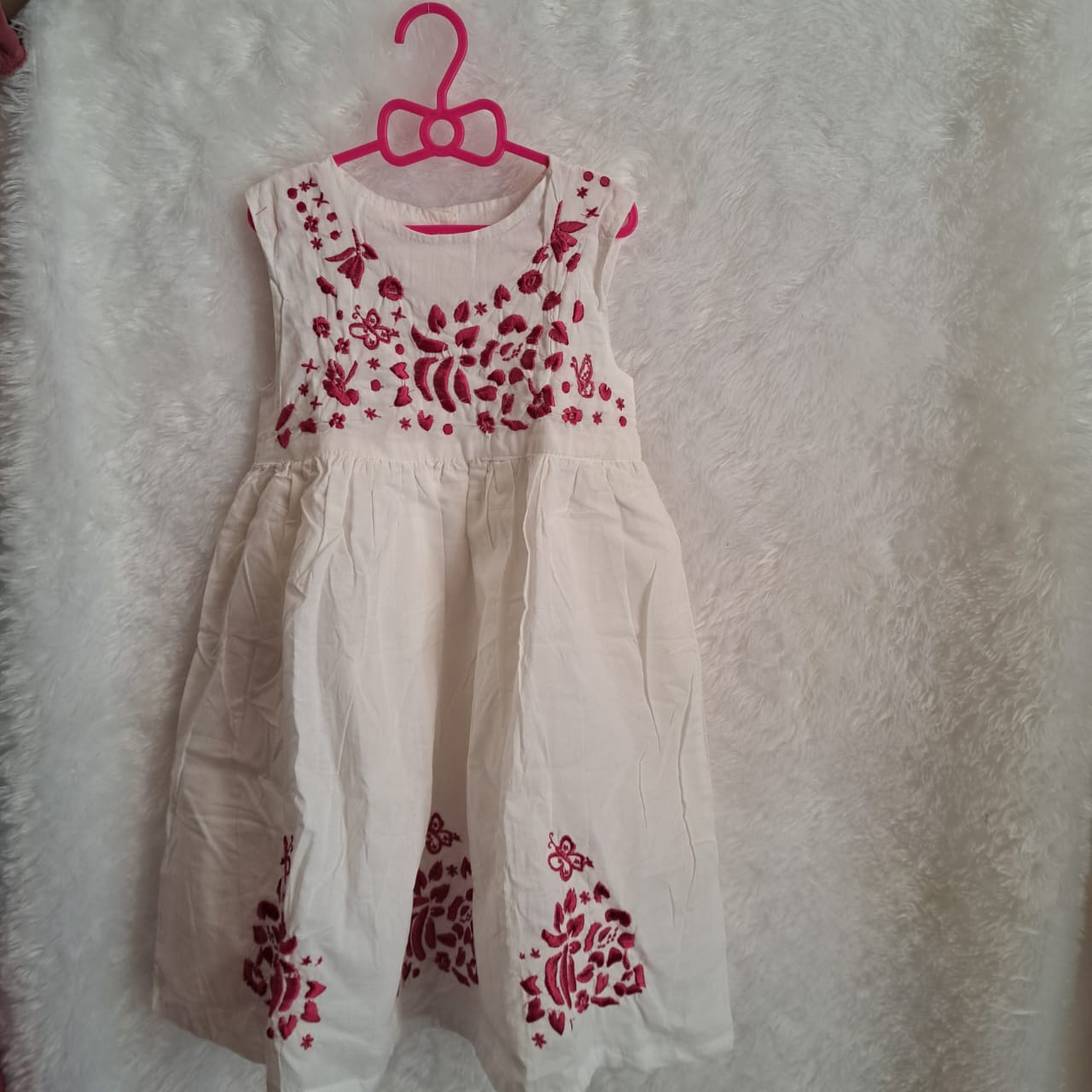 White Cotton Frock with Pink Embroidery – For Girls (4–5 Years)