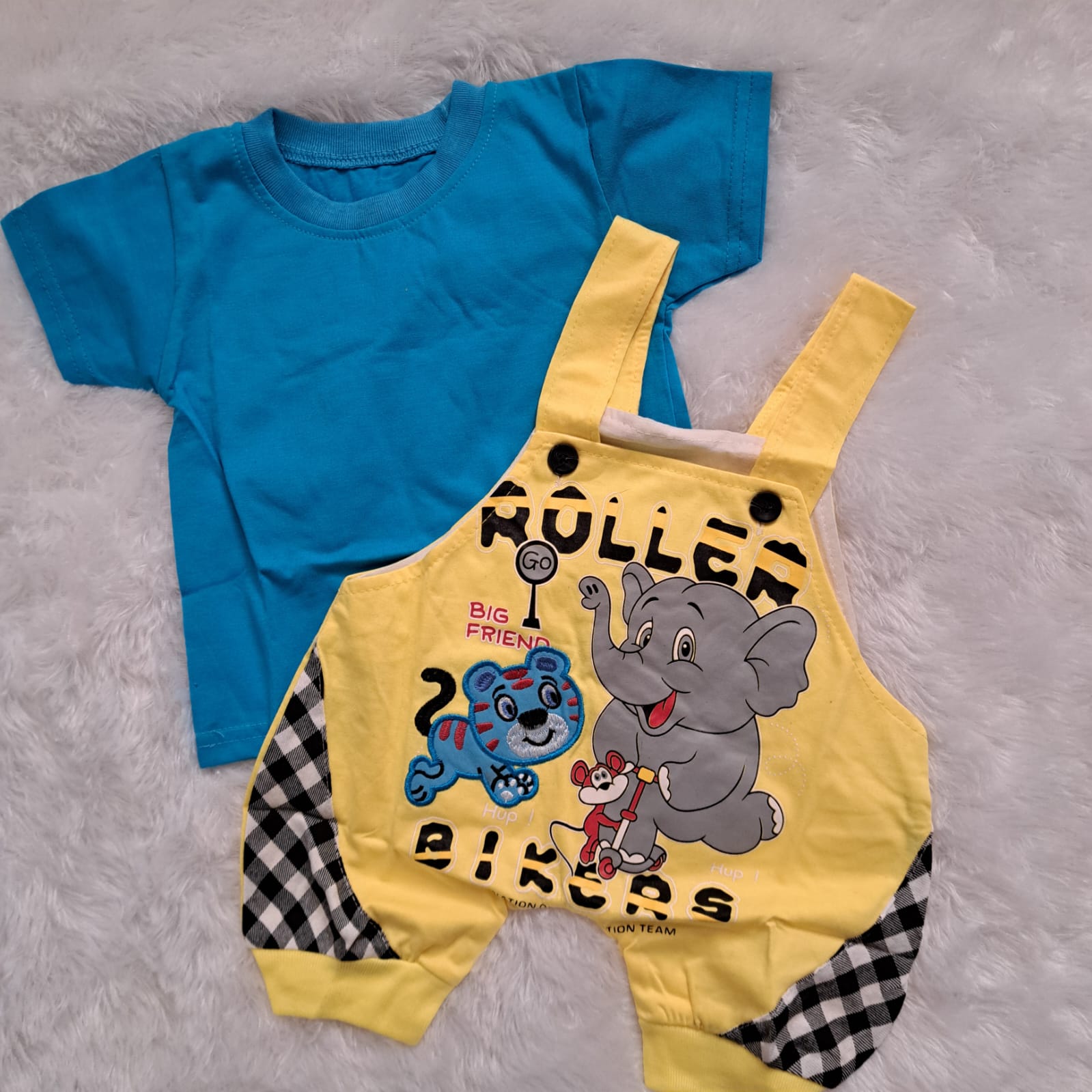 Light Yellow Dungaree with Sky Blue T-Shirt – Baby Set for 3–6 Months | Soft Hosiery Cotton