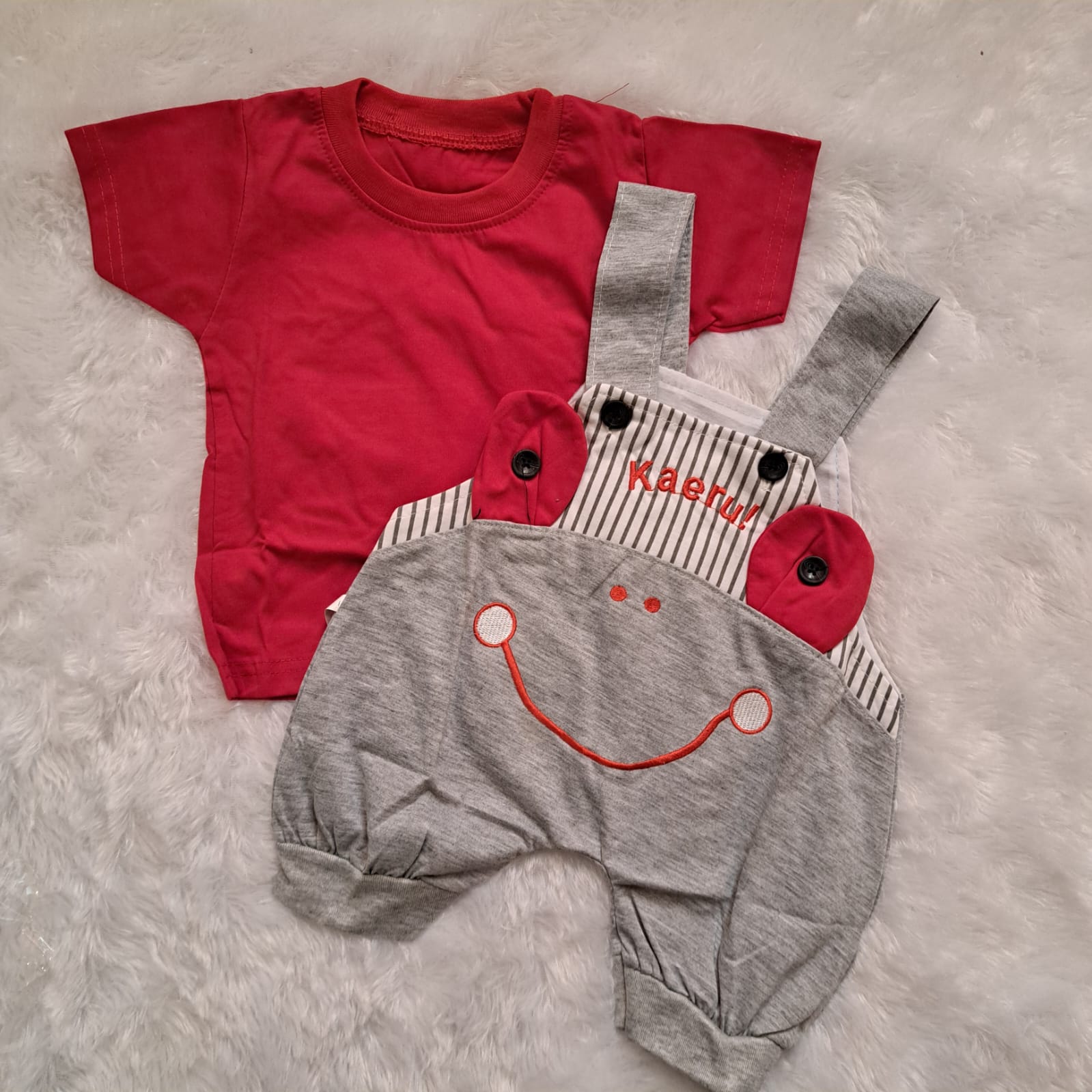 Grey Dungaree with Red T-Shirt – Baby Outfit for 3–6 Months | Soft Hosiery Cotton