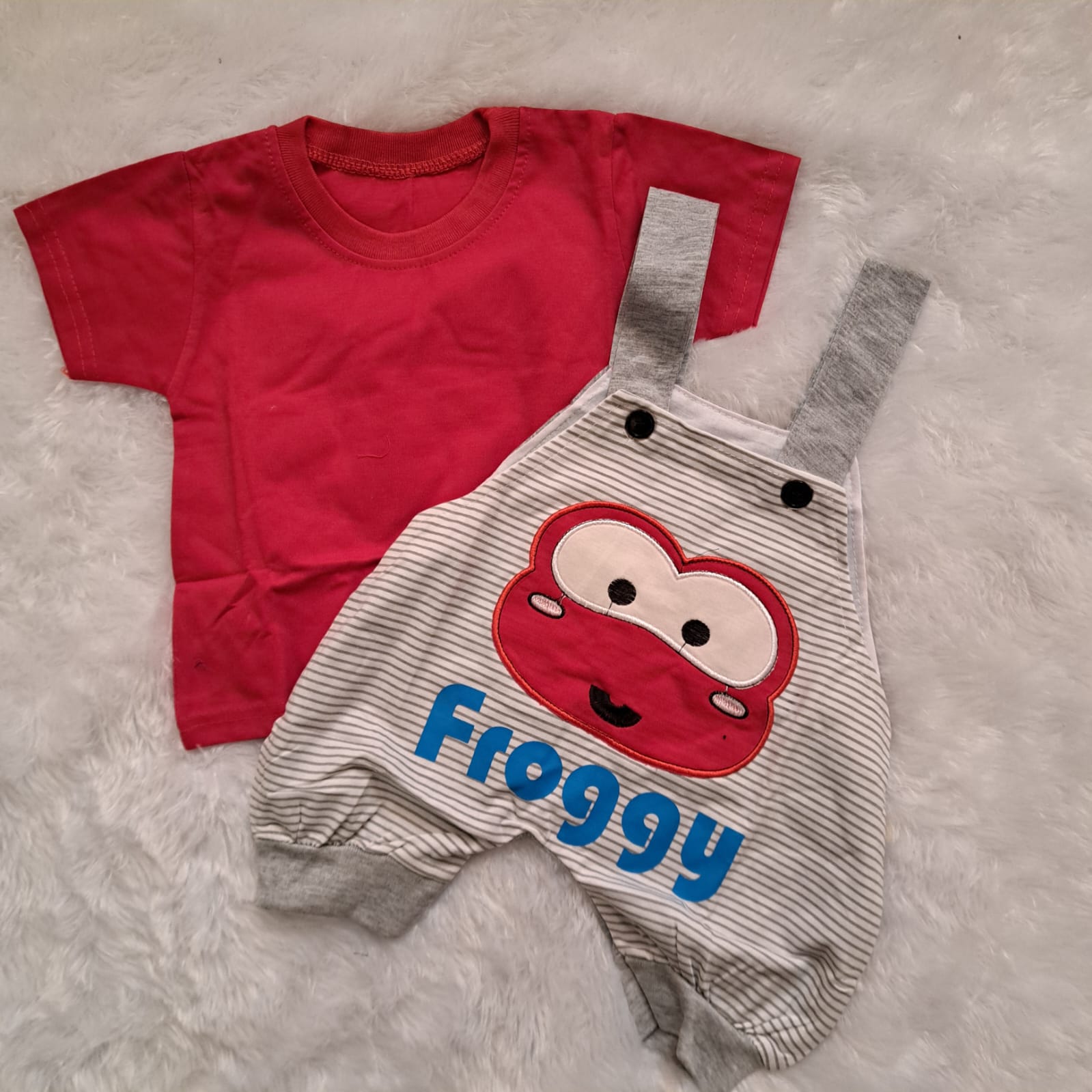 Froggy" Grey Dungaree with Red T-Shirt – Baby Set for 3–6 Months | Soft Hosiery Cotton