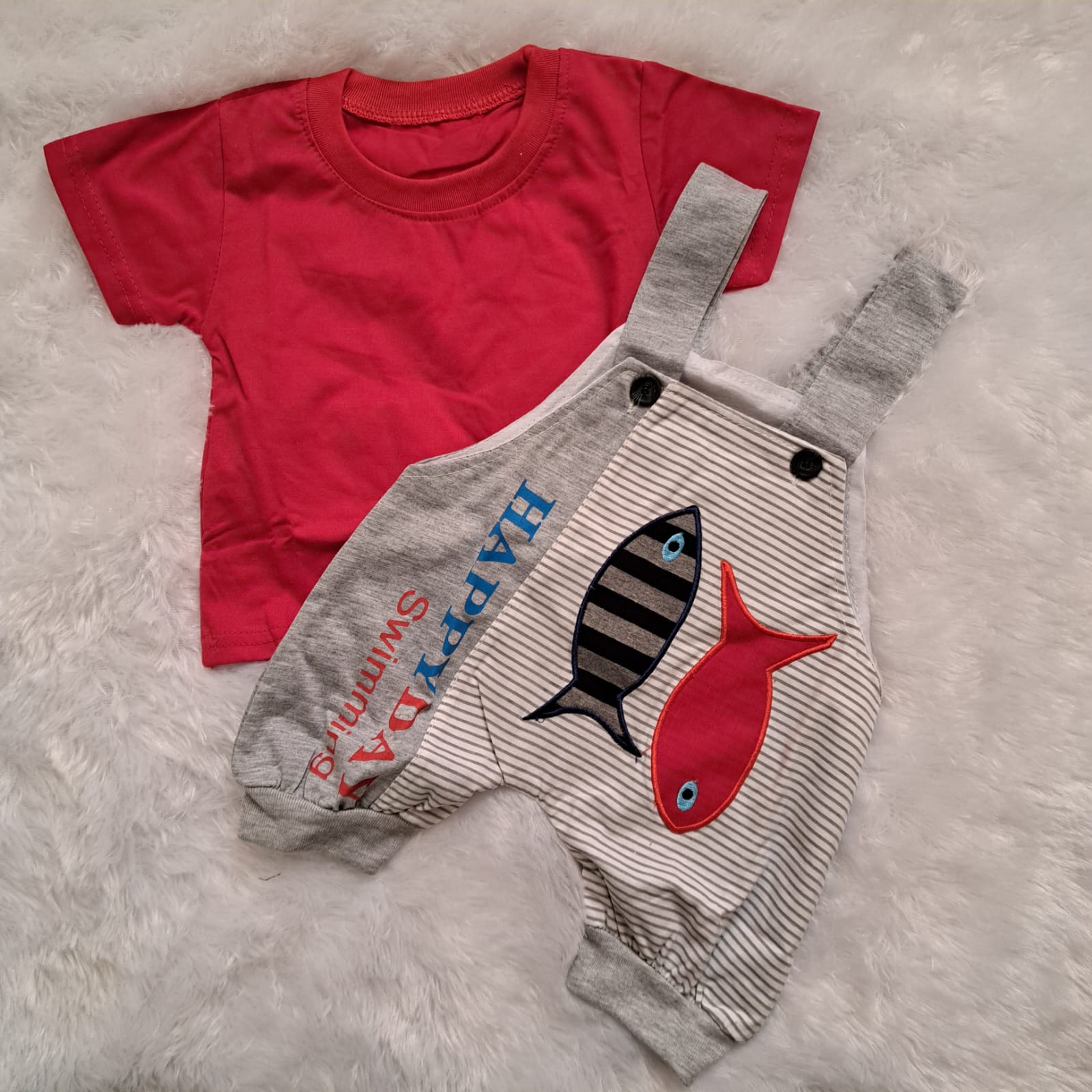 Off White Dungaree with Red T-Shirt – Baby Set 6-12 Months | Soft Hosiery Cotton