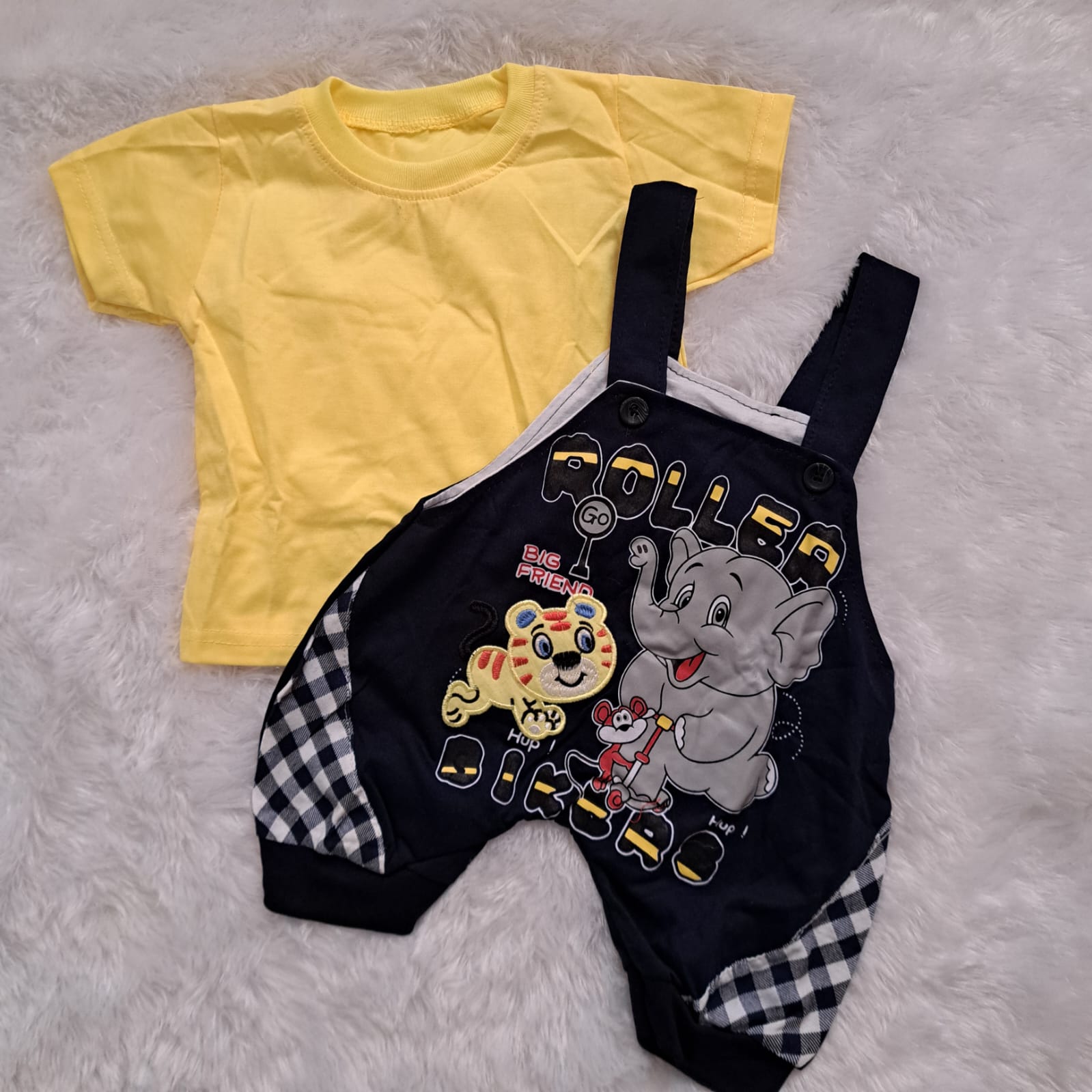 Navy Blue Dungaree with Yellow T-Shirt – Baby Set 6-12 Months | Soft Hosiery Cotton
