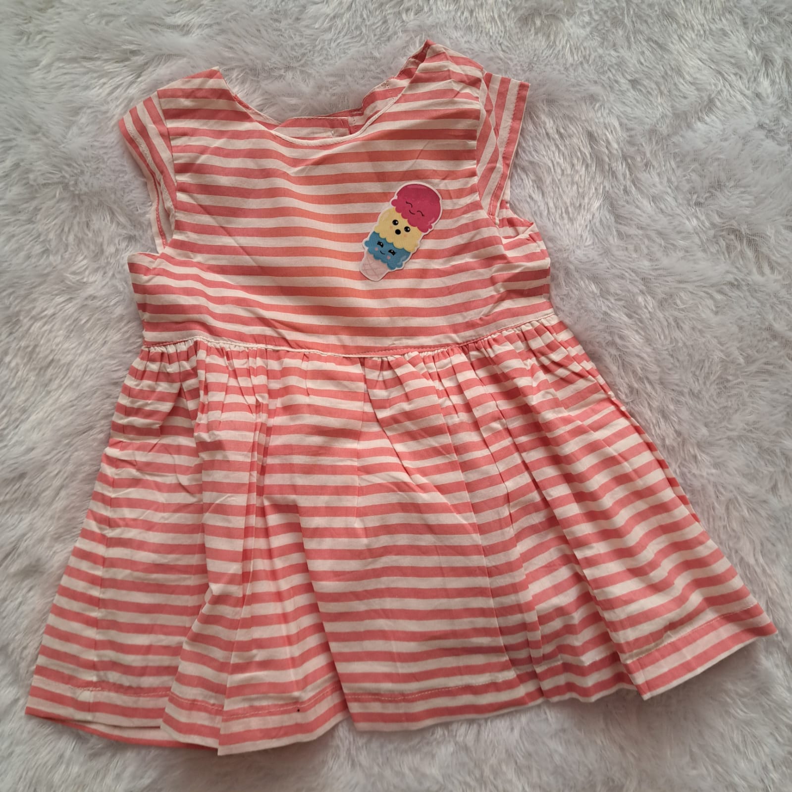 Cotton White & Light Pink Striped Frock with Ice Cream Patch | 2-3 Years
