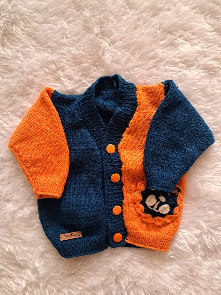 Blue and Orange Handknitted Newborn Sweater | Animal Face Patch