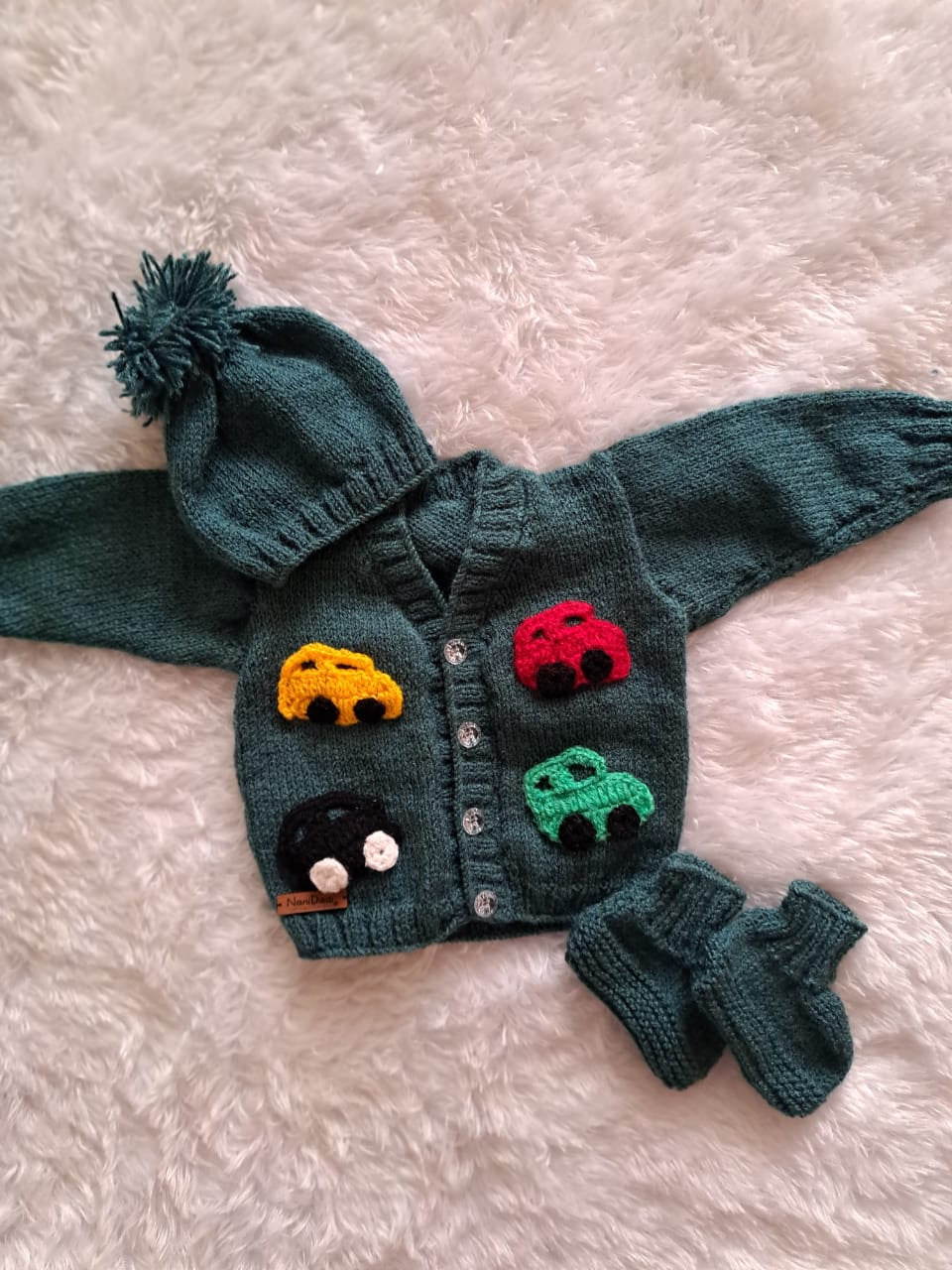 Dark Grey Handknitted Newborn Sweater Set with Cap and Boots | Car Patches | One Piece Available