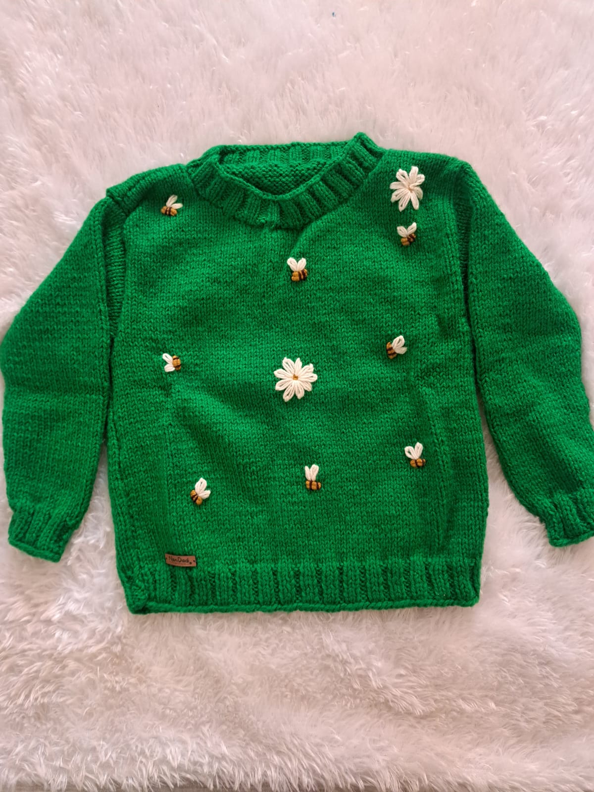 Beige Crochet Sweater Set with Cap and Booties | Christmas Reindeer Patch | Back Button Opening