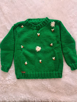 Beige Crochet Sweater Set with Cap and Booties | Christmas Reindeer Patch | Back Button Opening