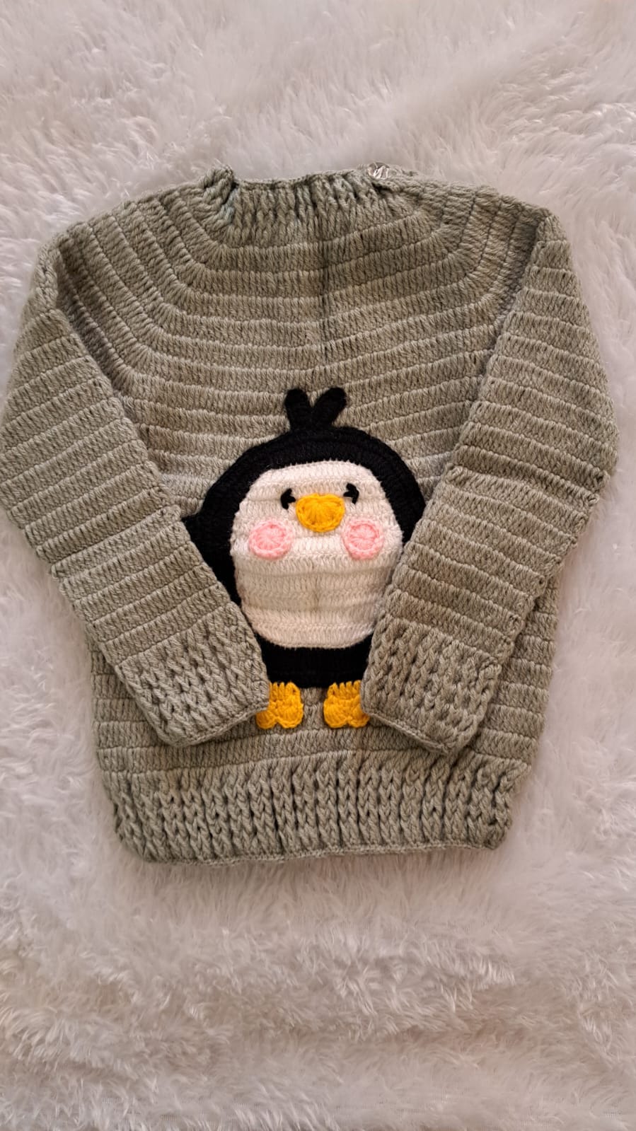 Grey Crochet Sweater with Penguin Patch | Side Button Opening