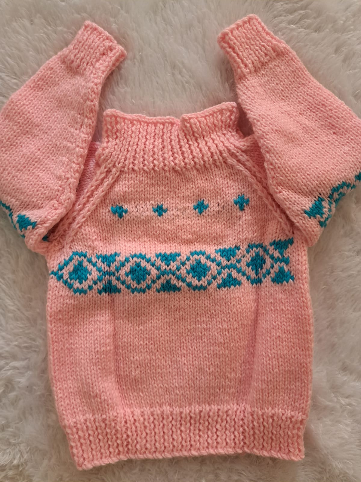 Light Pink Crochet Sweater with Self-Blue Design | Side Button Closing