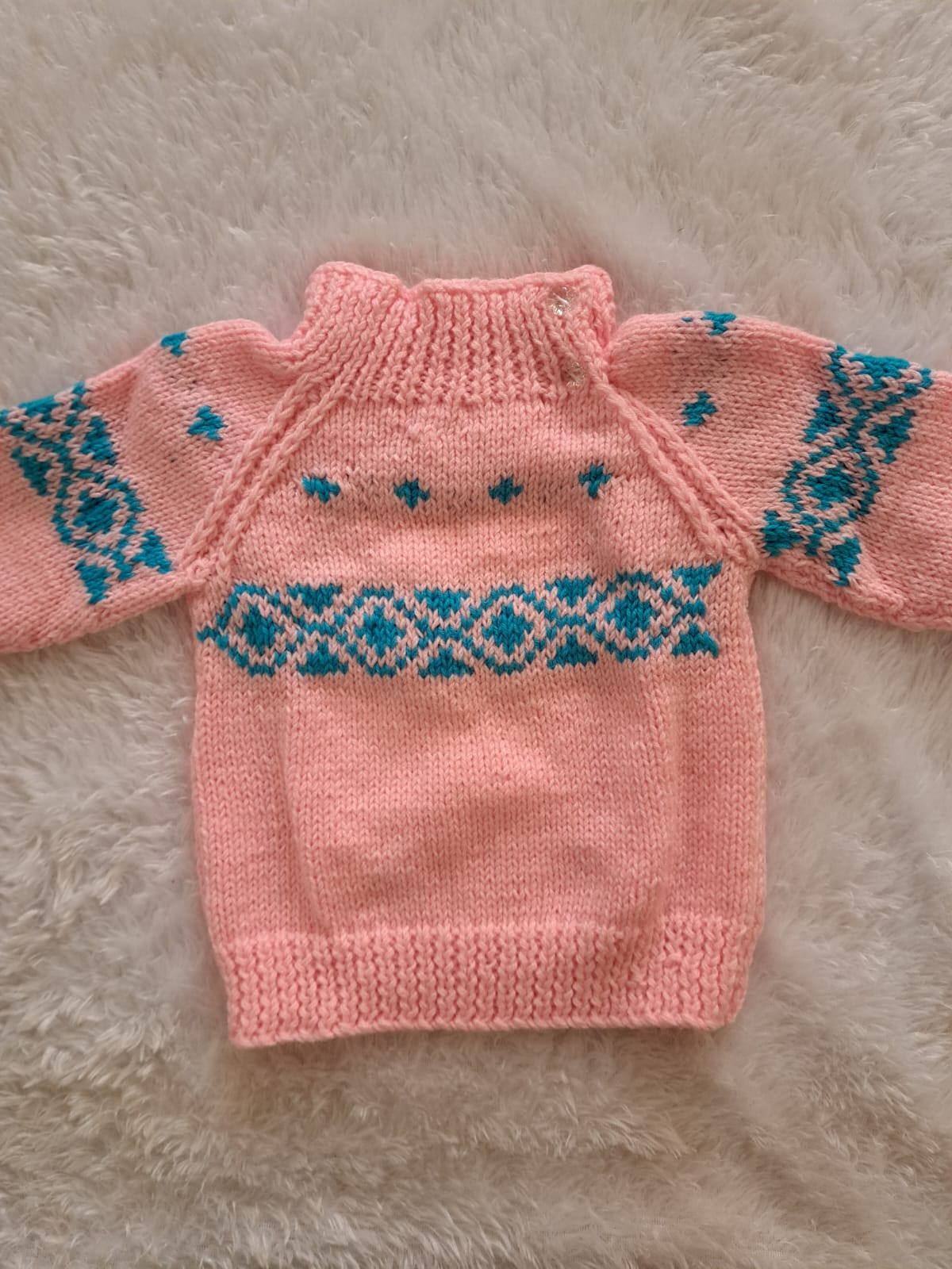 Light Pink Crochet Sweater with Self-Blue Design | Side Button Closing
