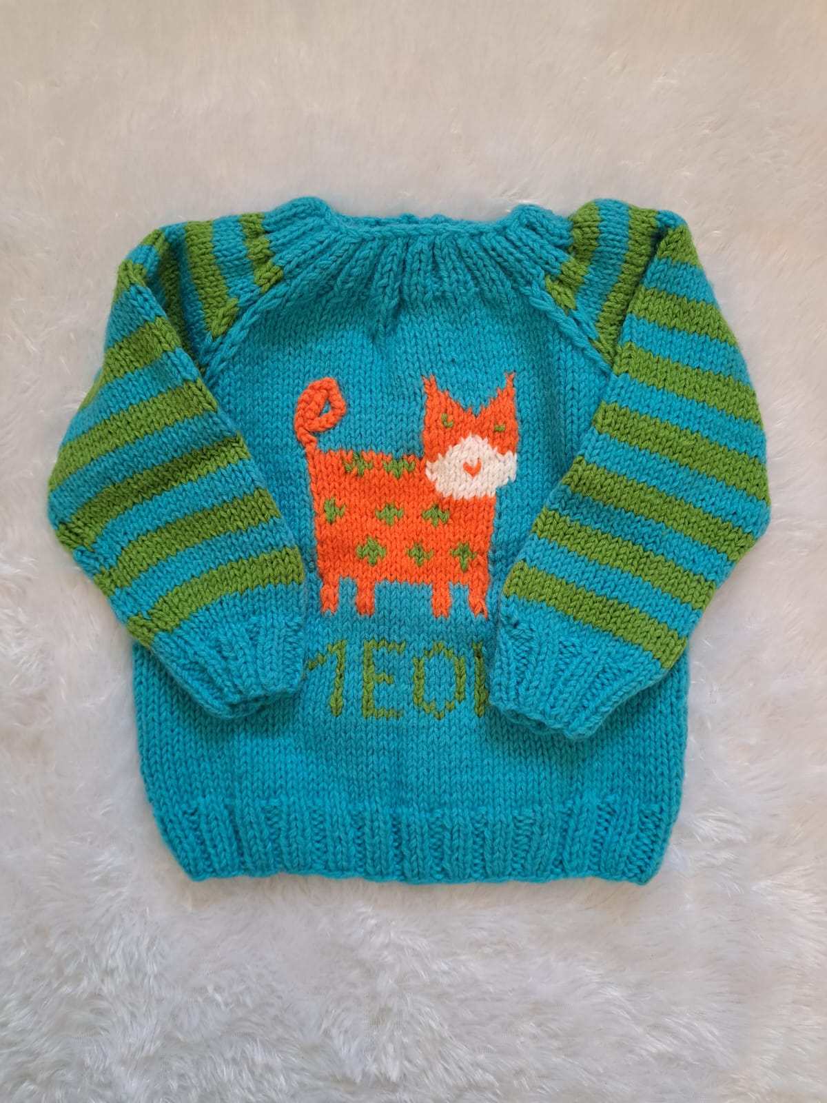 Blue and Green Handknitted Sweater with Orange Cat Embroidery | Back Button Opening | 2–3 Years | One Piece Available