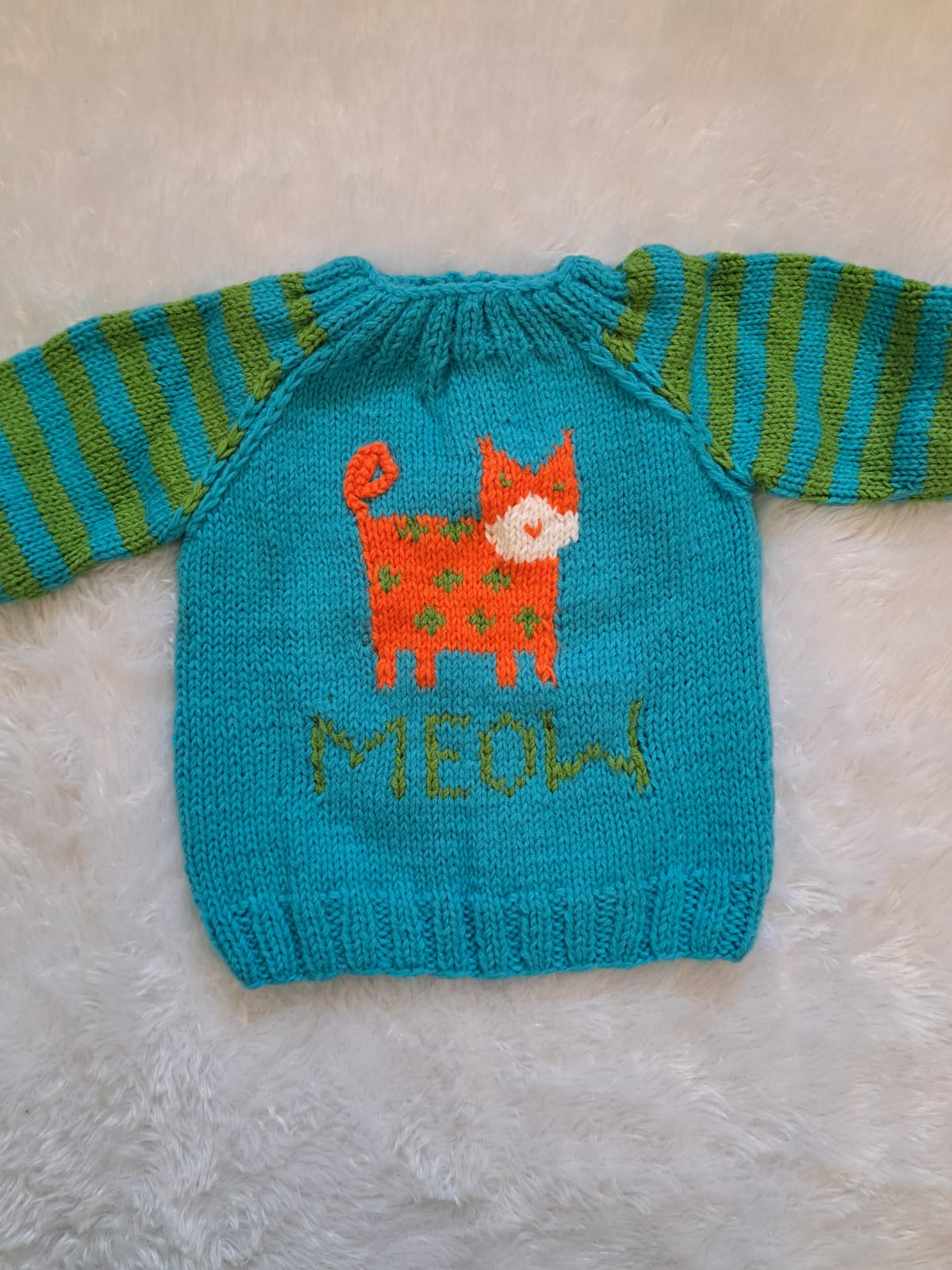 Blue and Green Handknitted Sweater with Orange Cat Embroidery | Back Button Opening | 2–3 Years | One Piece Available