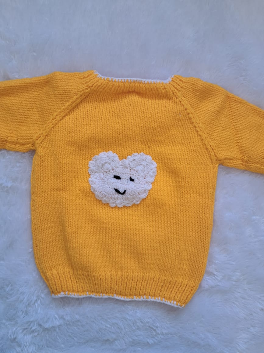 Bright Yellow Handknitted Sweater with Heart Patch | Back Button Opening | 3–4 Years | One Piece Available