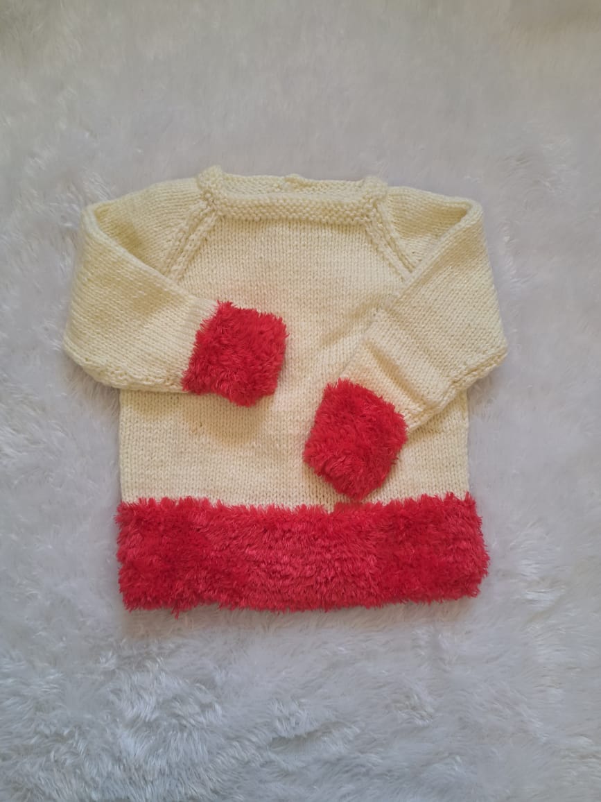 Off-White Handknitted Sweater with Fur Wool Border | Back Button Opening | 2–3 Years | 2 Pieces Available