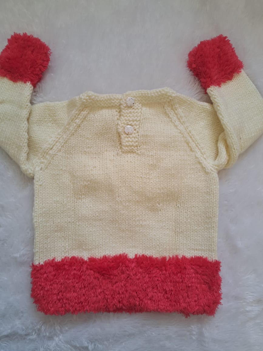 Off-White Handknitted Sweater with Fur Wool Border | Back Button Opening | 2–3 Years | 2 Pieces Available