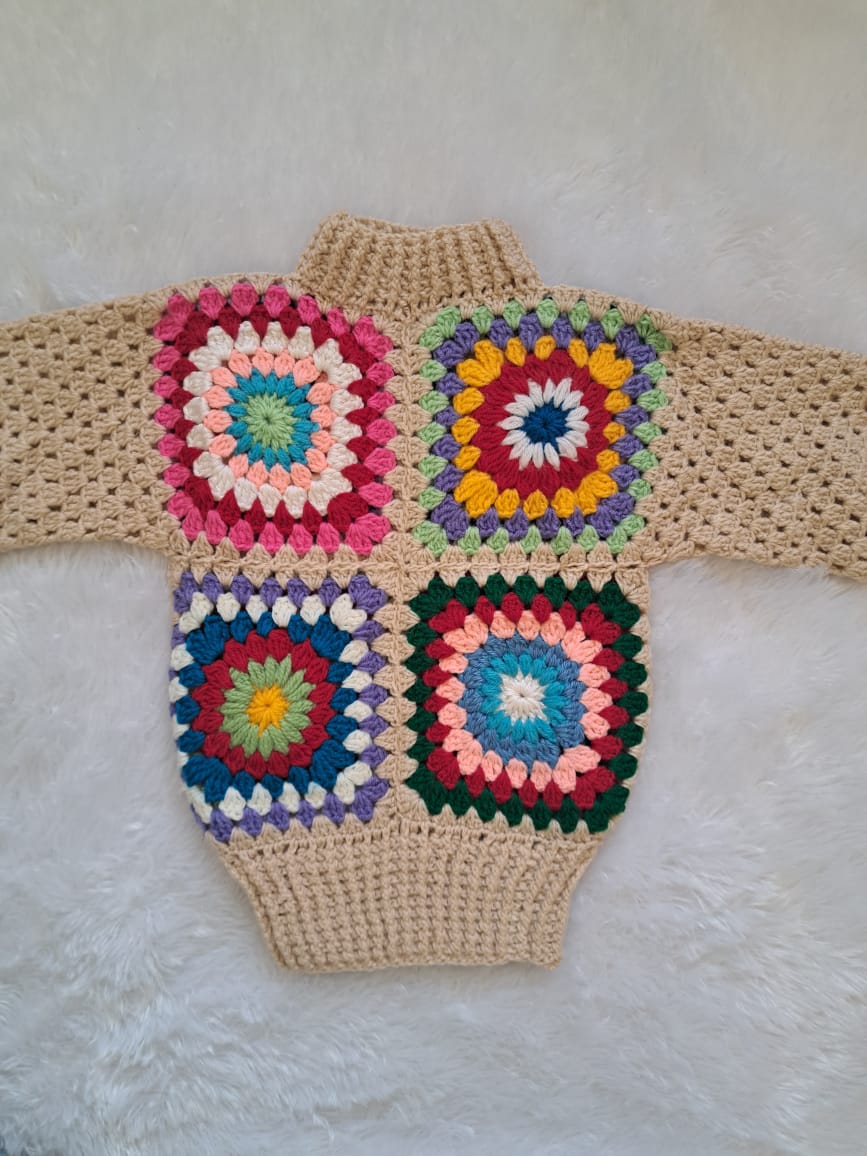 Crochet Granny Patch Sweater with High Neck on Beige Base | Multicolour Patches | 2–3 Years | One Piece Available