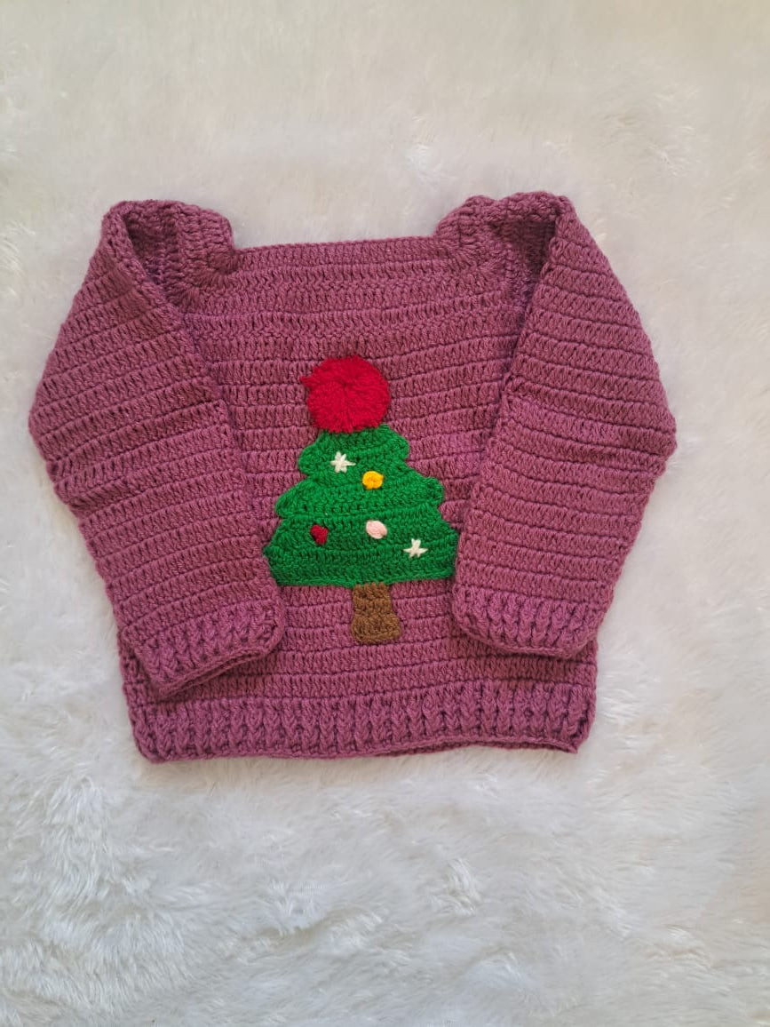 Purple Crochet Sweater with Christmas Tree Work | 2–3 Years | 2 Pieces Available