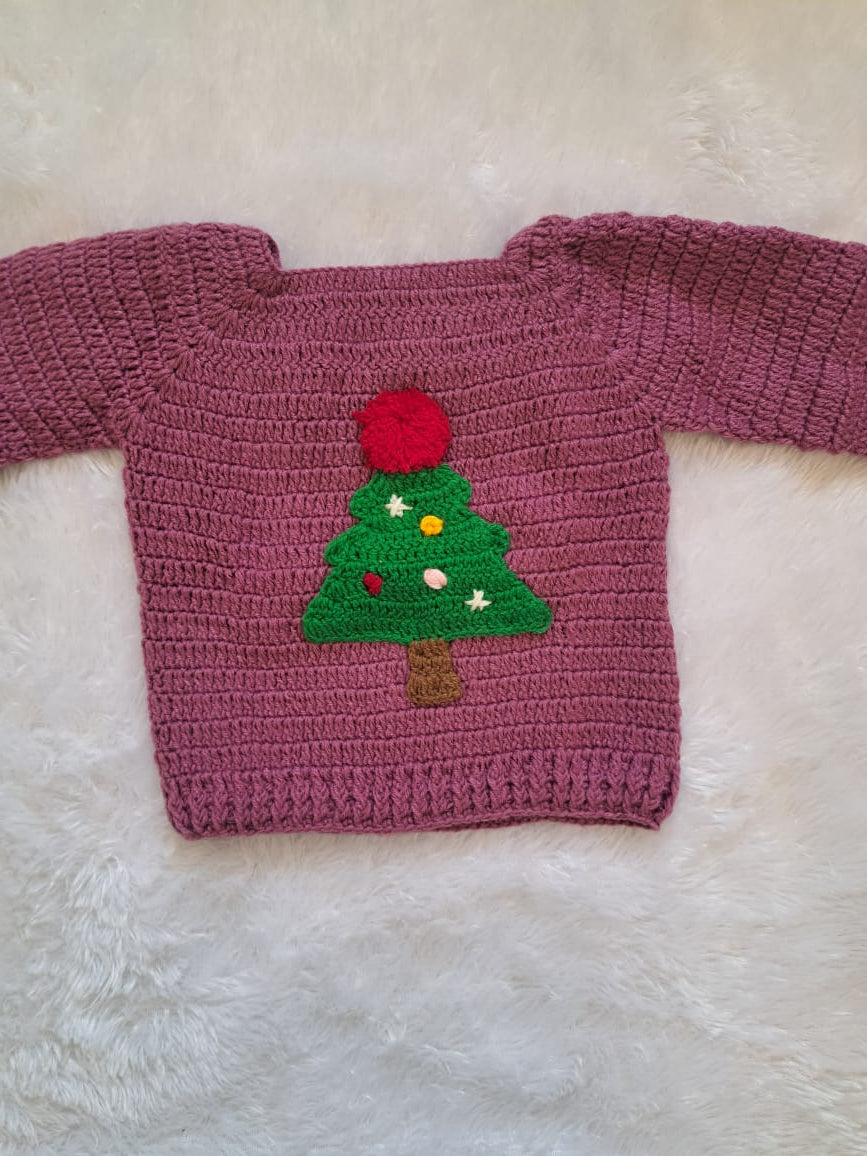 Purple Crochet Sweater with Christmas Tree Work | 2–3 Years | 2 Pieces Available