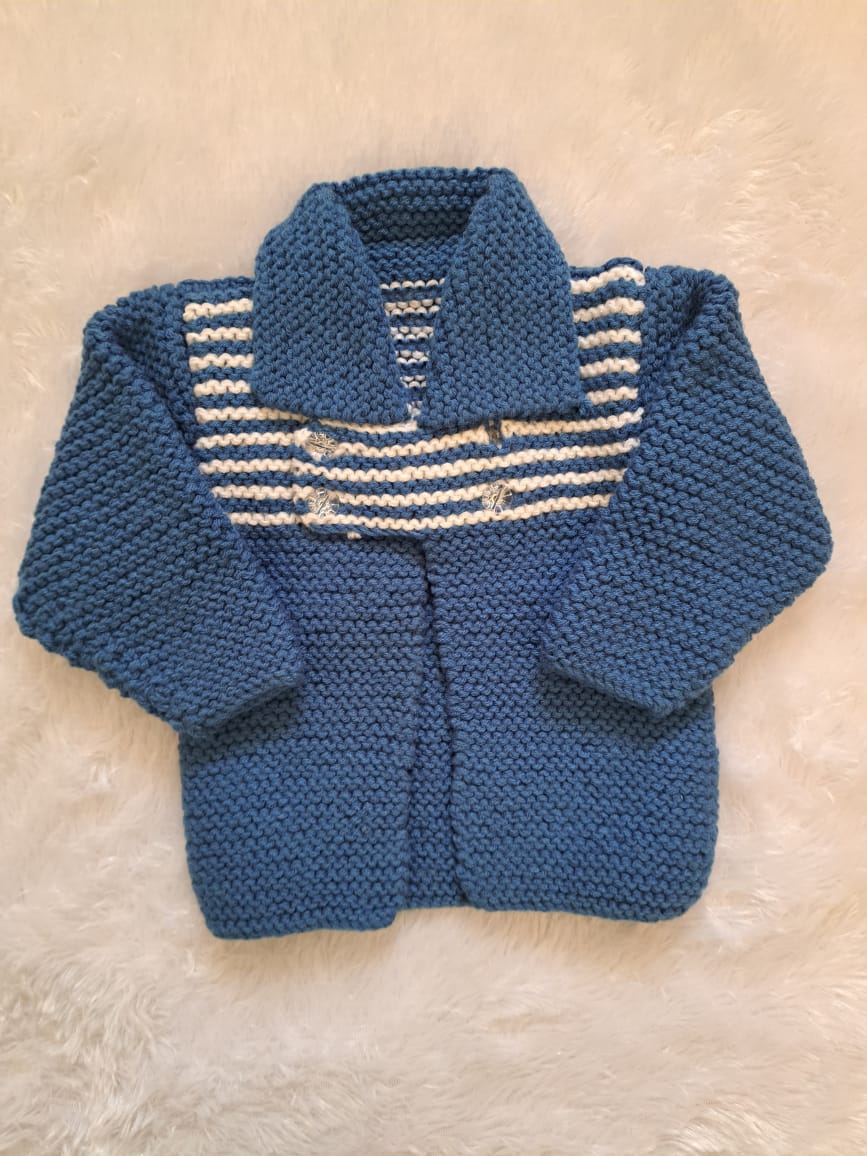 Coat-Style Handknitted Sweater in Blue with White Stripes | 2–3 Years | One Piece Available