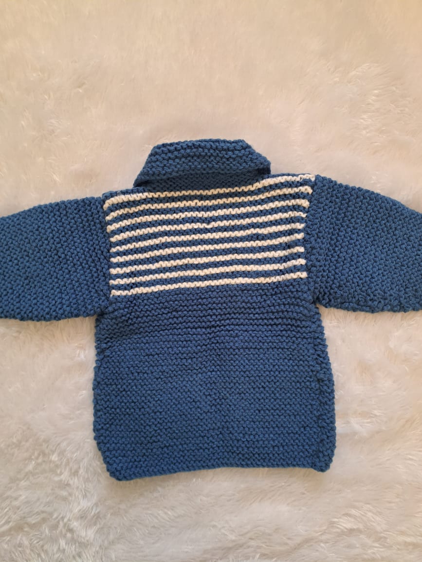 Coat-Style Handknitted Sweater in Blue with White Stripes | 2–3 Years | One Piece Available