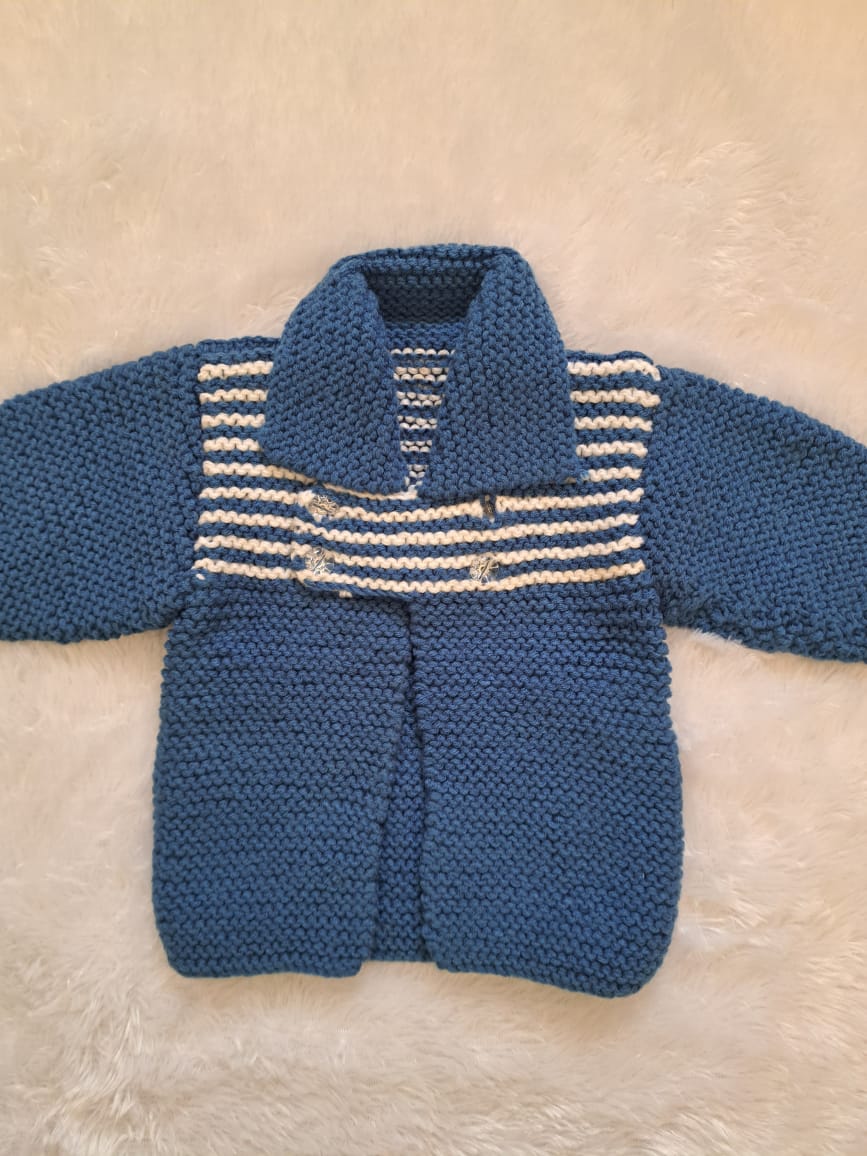Coat-Style Handknitted Sweater in Blue with White Stripes | 2–3 Years | One Piece Available