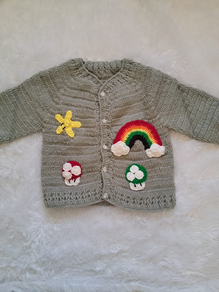 Grey Crochet Jacket with Front Button Opening and Decorative Patches | 2–3 Years | One Piece Available
