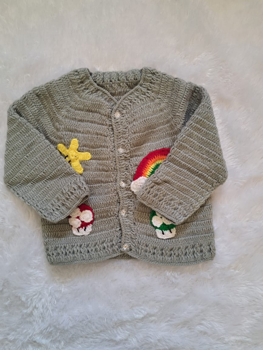 Grey Crochet Jacket with Front Button Opening and Decorative Patches | 2–3 Years | One Piece Available