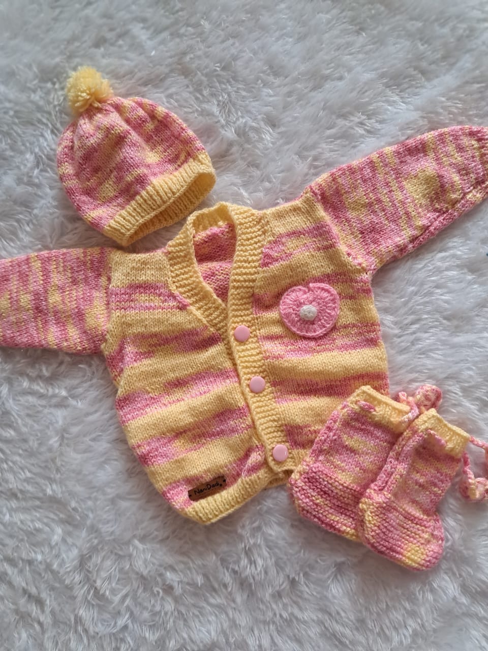Handknitted Baby Sweater Set with Cap and Long Boots | Light Pink and Light Yellow | 3–6 Months | One Piece Available