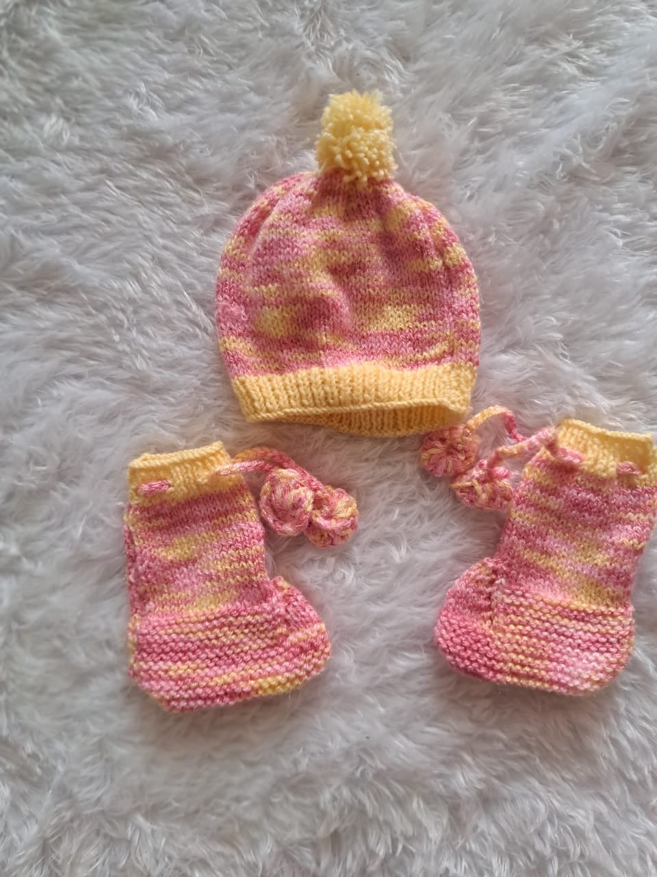 Handknitted Baby Sweater Set with Cap and Long Boots | Light Pink and Light Yellow | 3–6 Months | One Piece Available