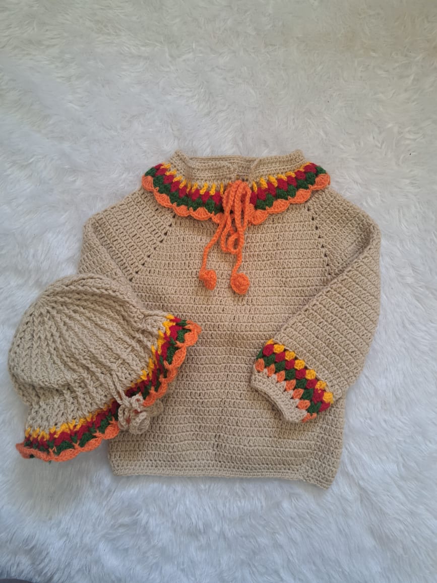 Handknitted Crochet Top with Multicolour Collar and Sleeves for 2–3 Years | Includes Stylish Hat | One Piece Available