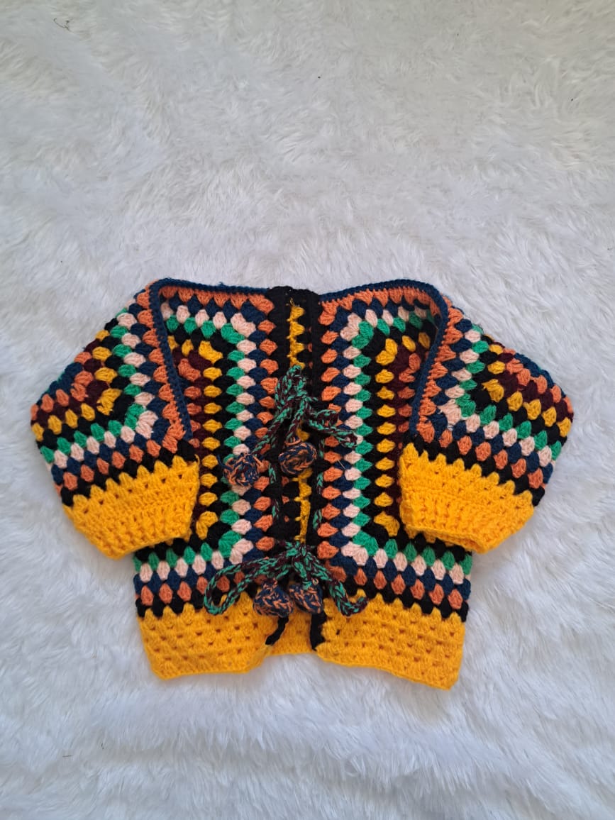 Handmade Hexagon Crochet Open Jacket with Strings for 1–2 Years | Limited Edition