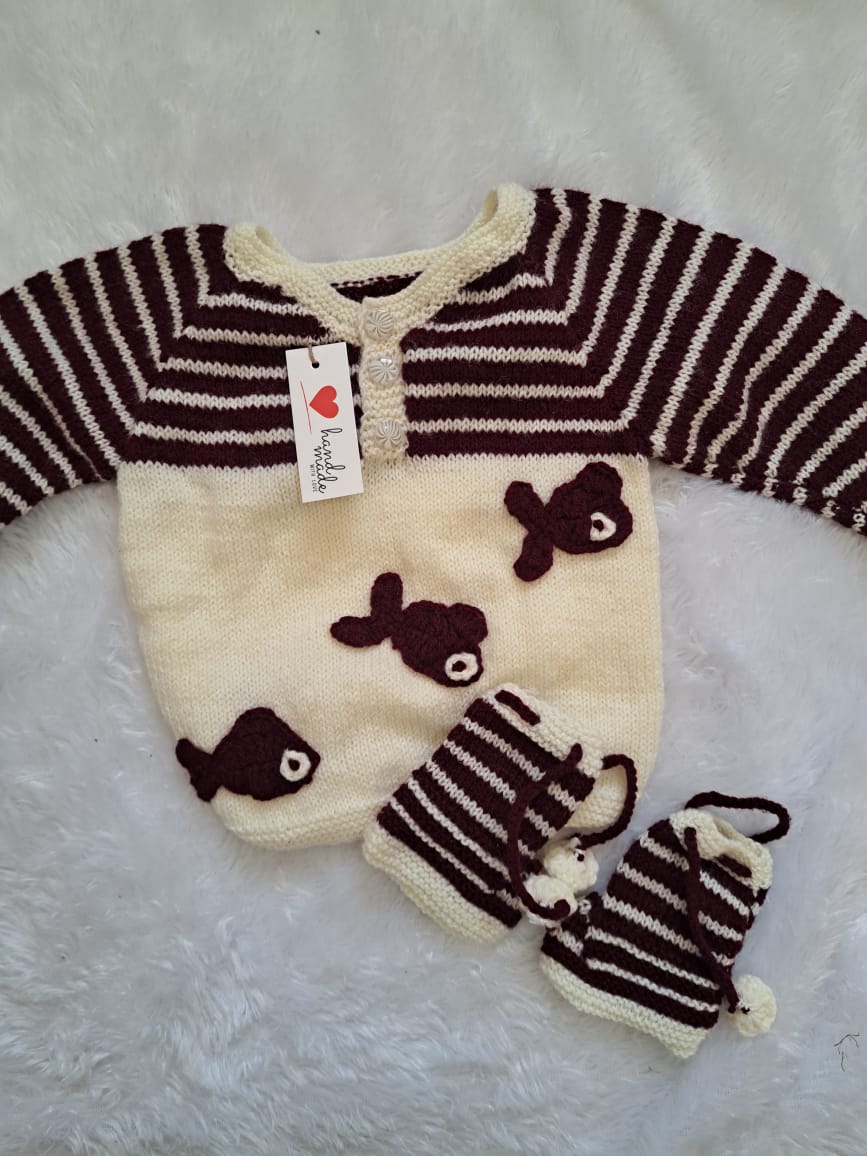Off-White & Maroon Fish Crochet Sweater with Boots – Size 1–2 Years